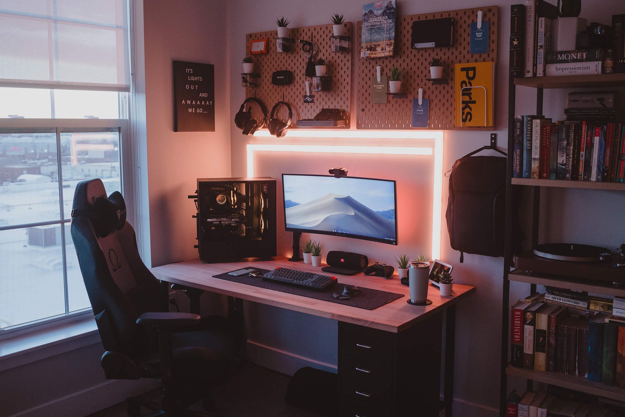 There are endless design possibilities when setting up the lights, but according to Cam, he has always preferred to stick with a design that either frames a desk or a monitor