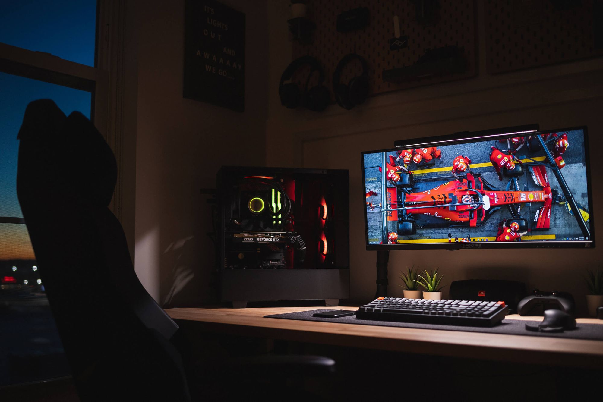 Cam's workstation is designed to have the right ambiance at different times of day