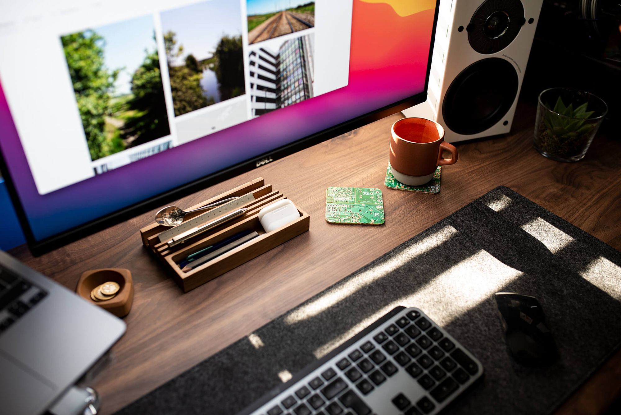 The coasters made of printed circuit board reflects Ben's passion for technology