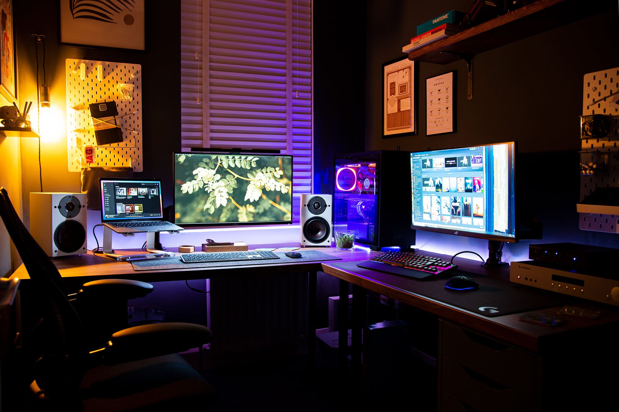Having different lighting for each workspace helps to amplify the separation between the gaming and WFH setup