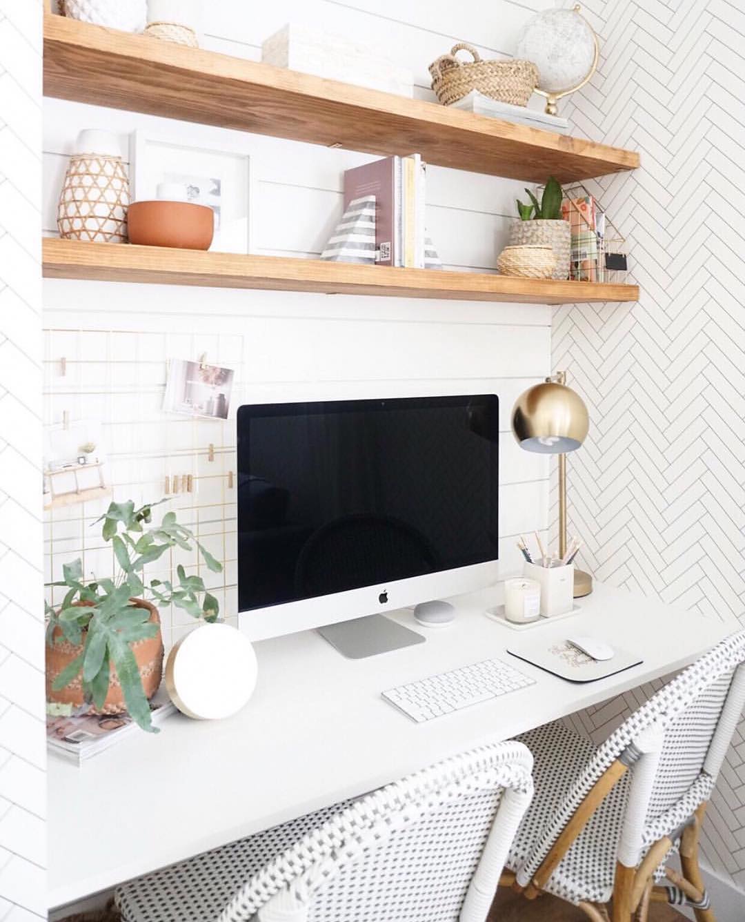 White minimal cloffice with Point de Hongrie wallpaper