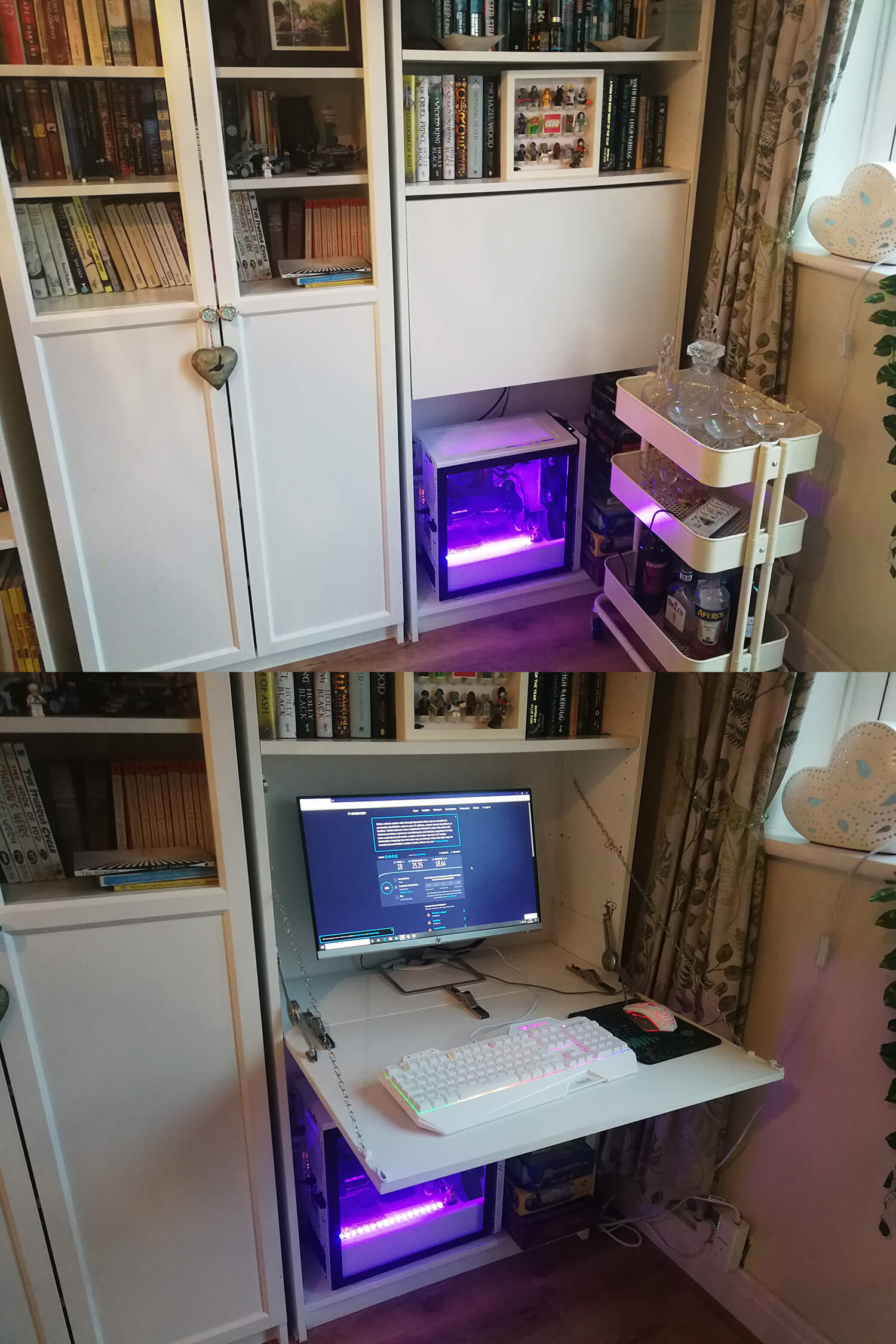 A drop-down computer desk mounted to a Billy IKEA bookcase. Photos by Reddit user GCU_Flying_Colours
