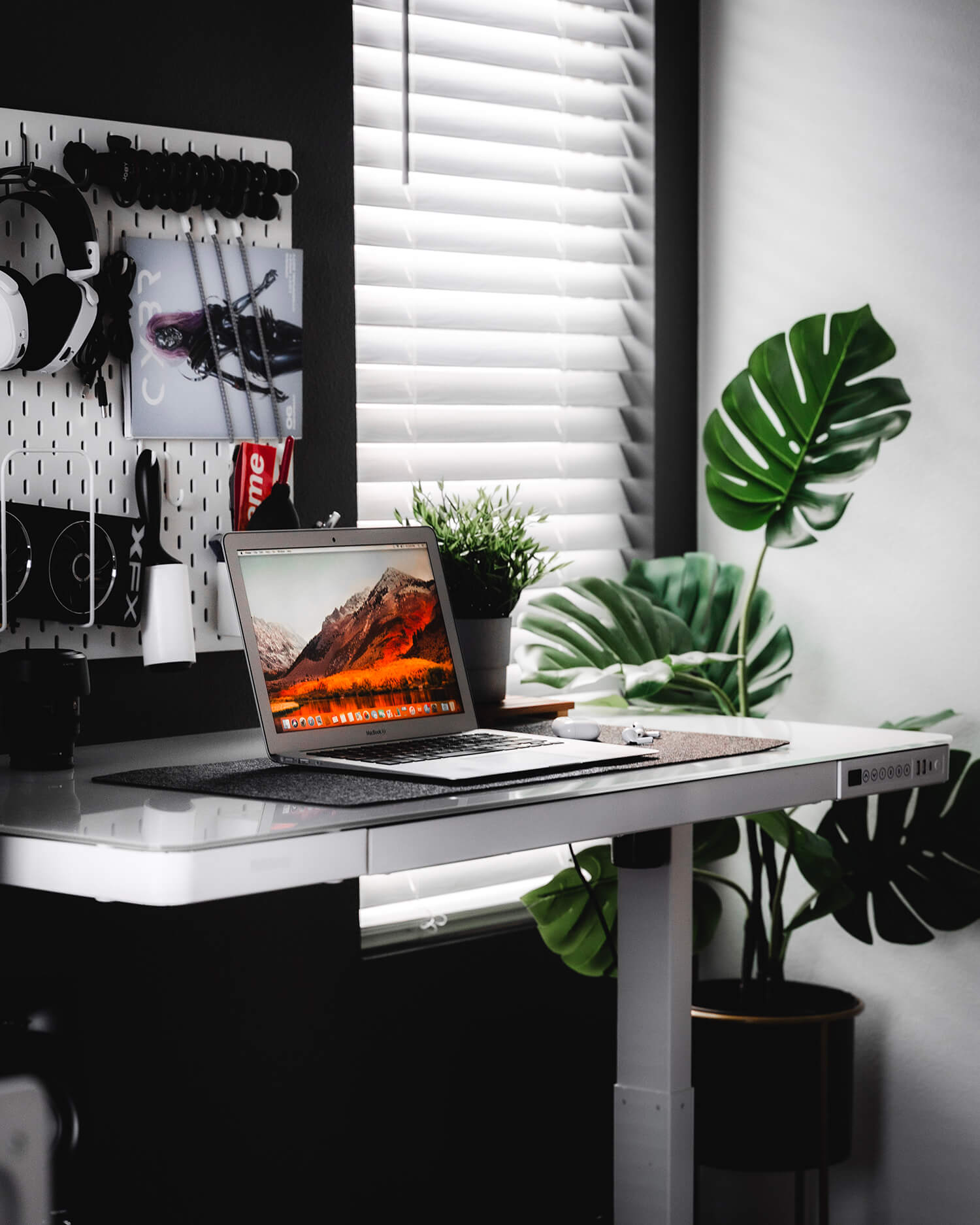 IKEA pegboard, MacBook Air, and Monstera plant