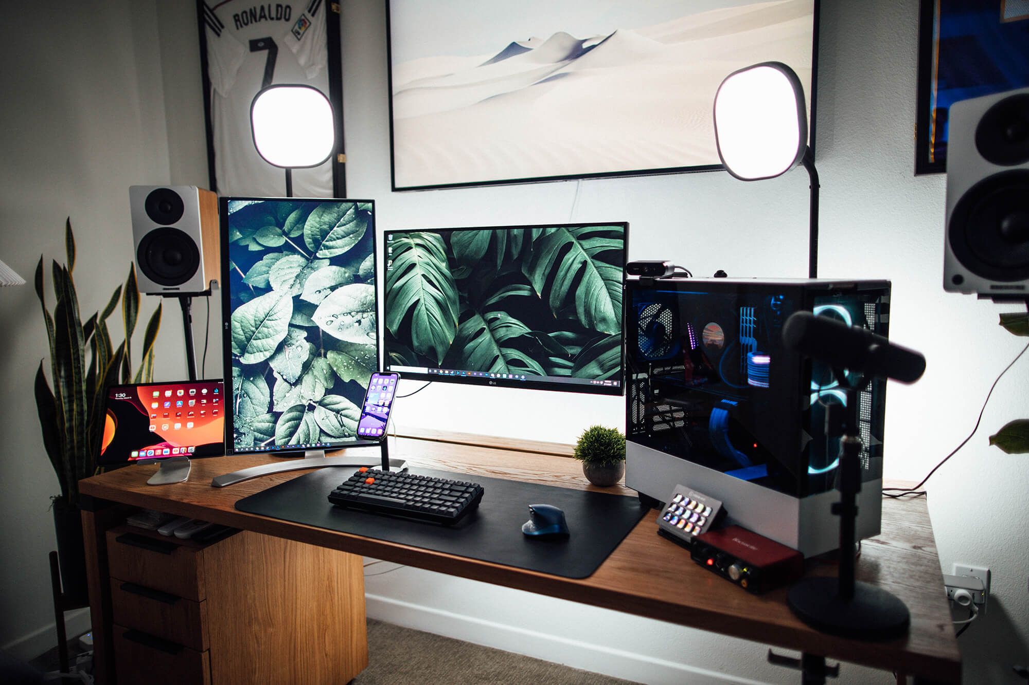 Two ring lights in a WFH desk setup