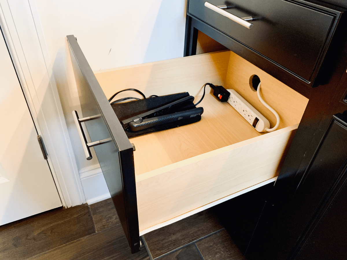 Cables stowed away in cabinets