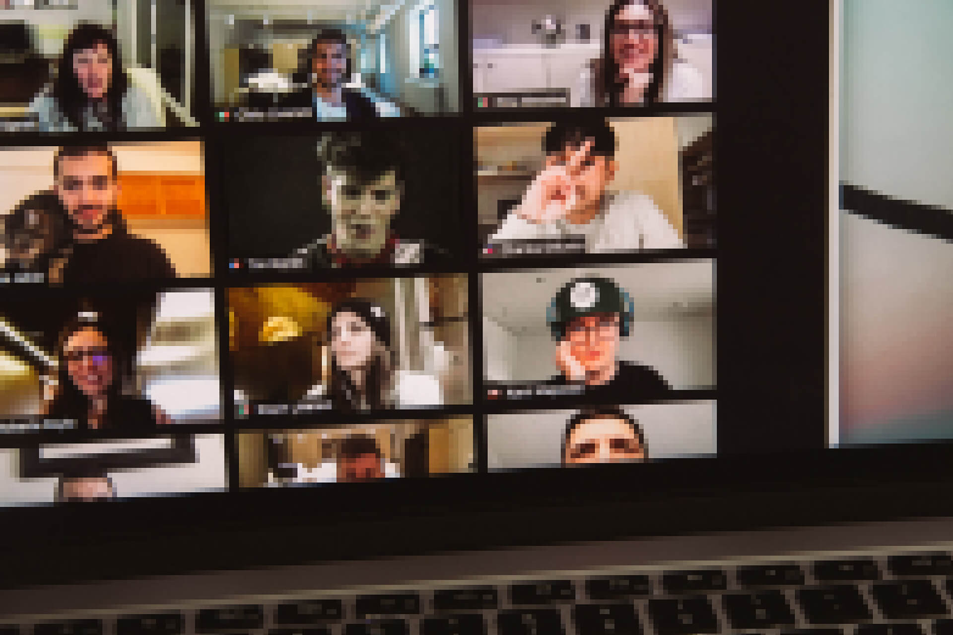 A pixelated video call