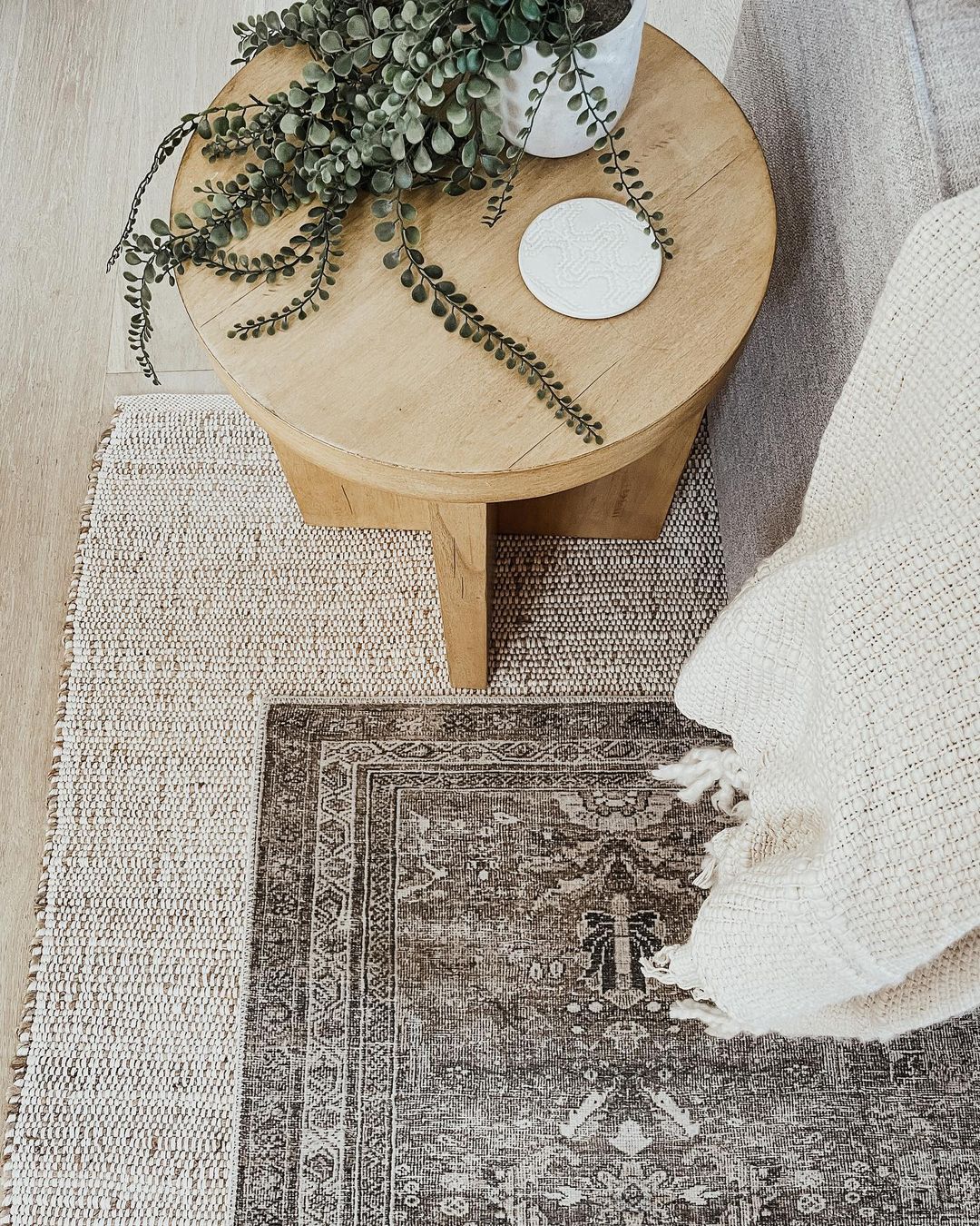 Japandi style room with a jute rug