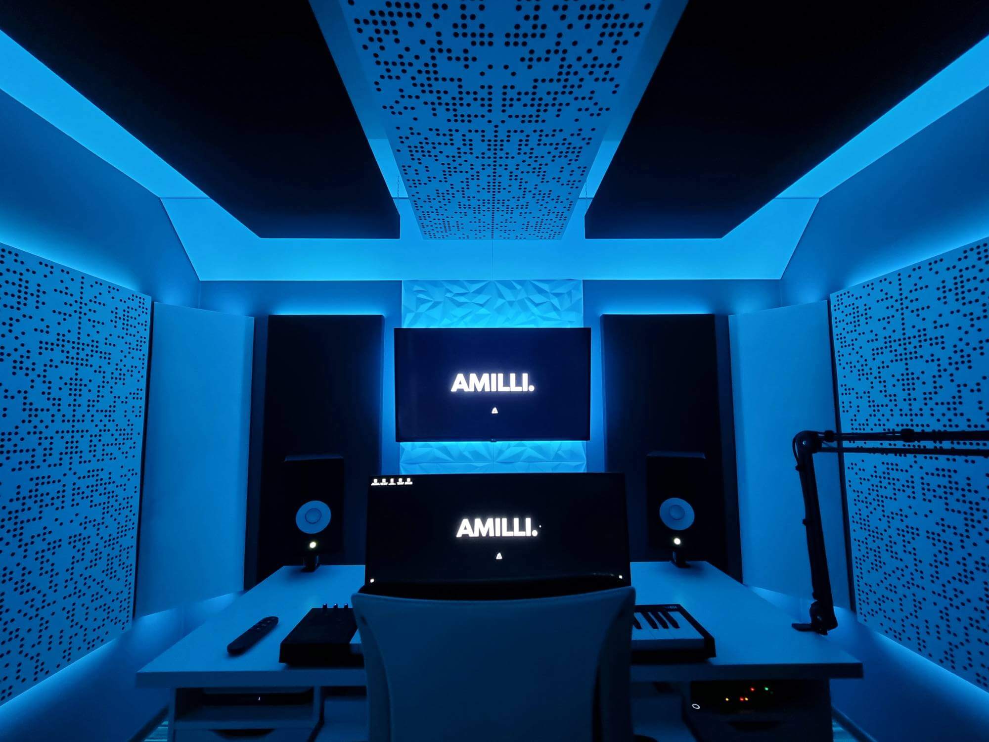 Minimalist and monochrome music production studio setup