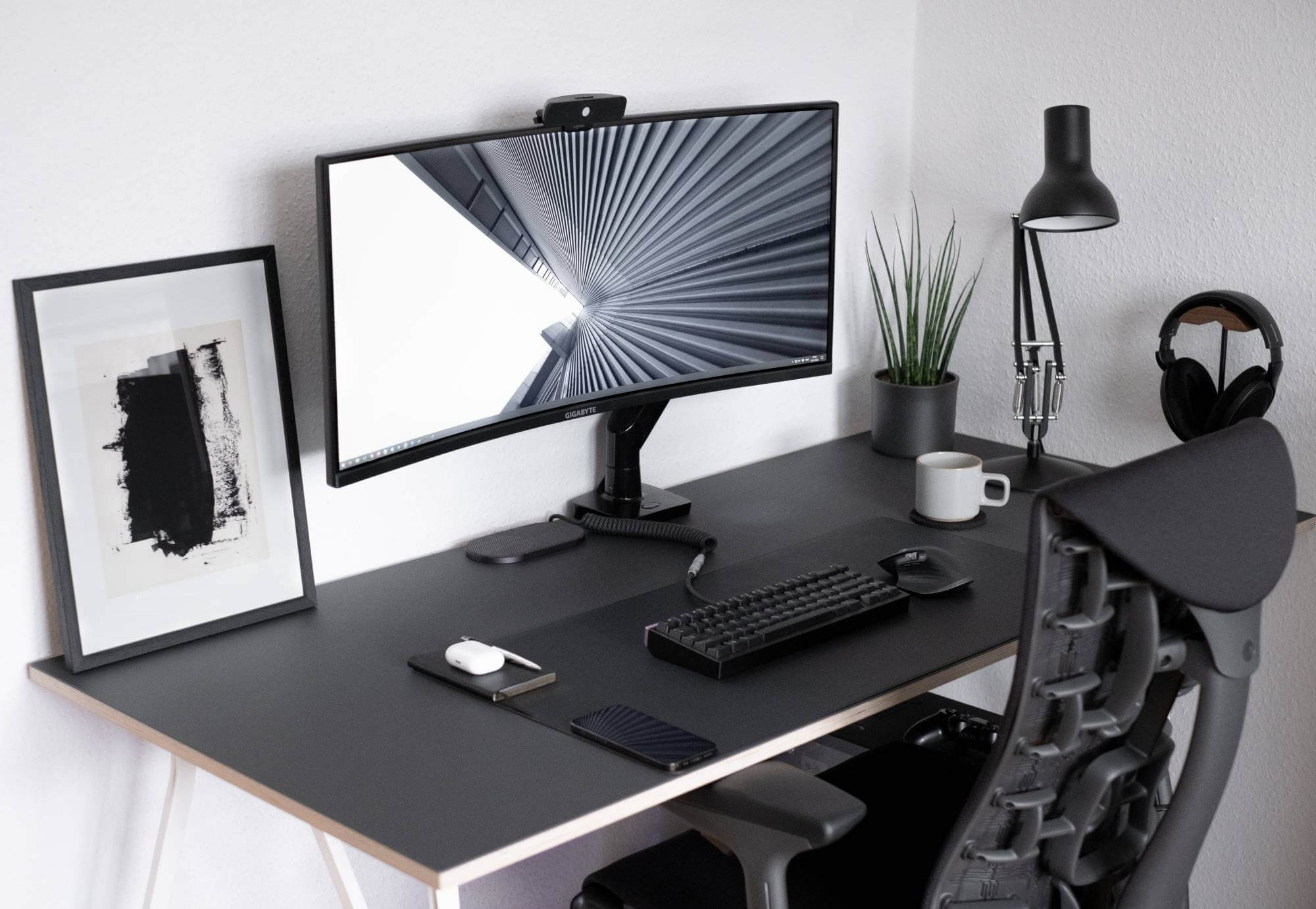 Minimal desk setup in black and white