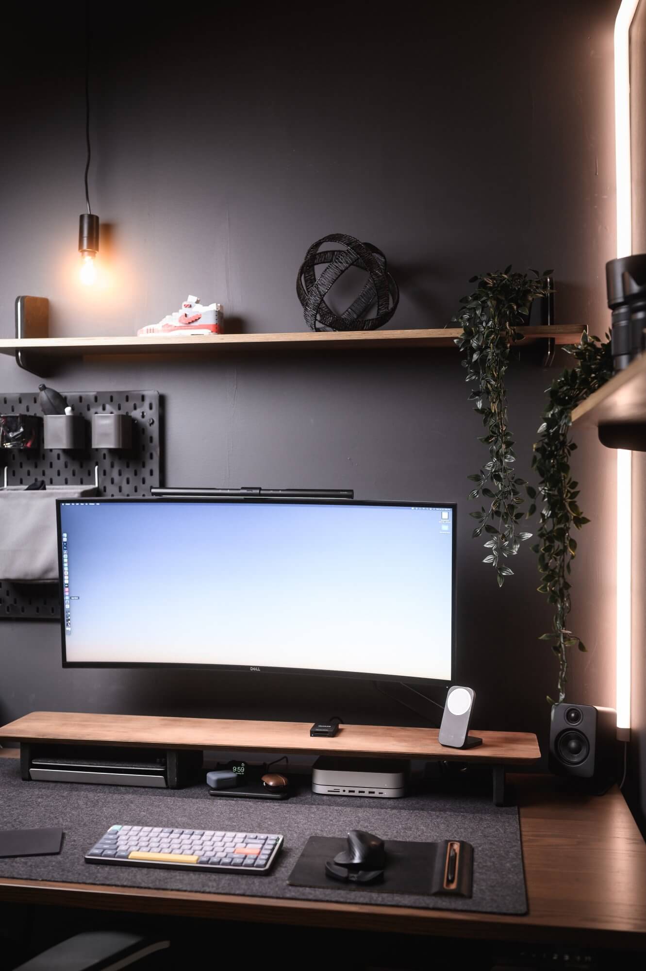 A desk setup with walnut aesthetics