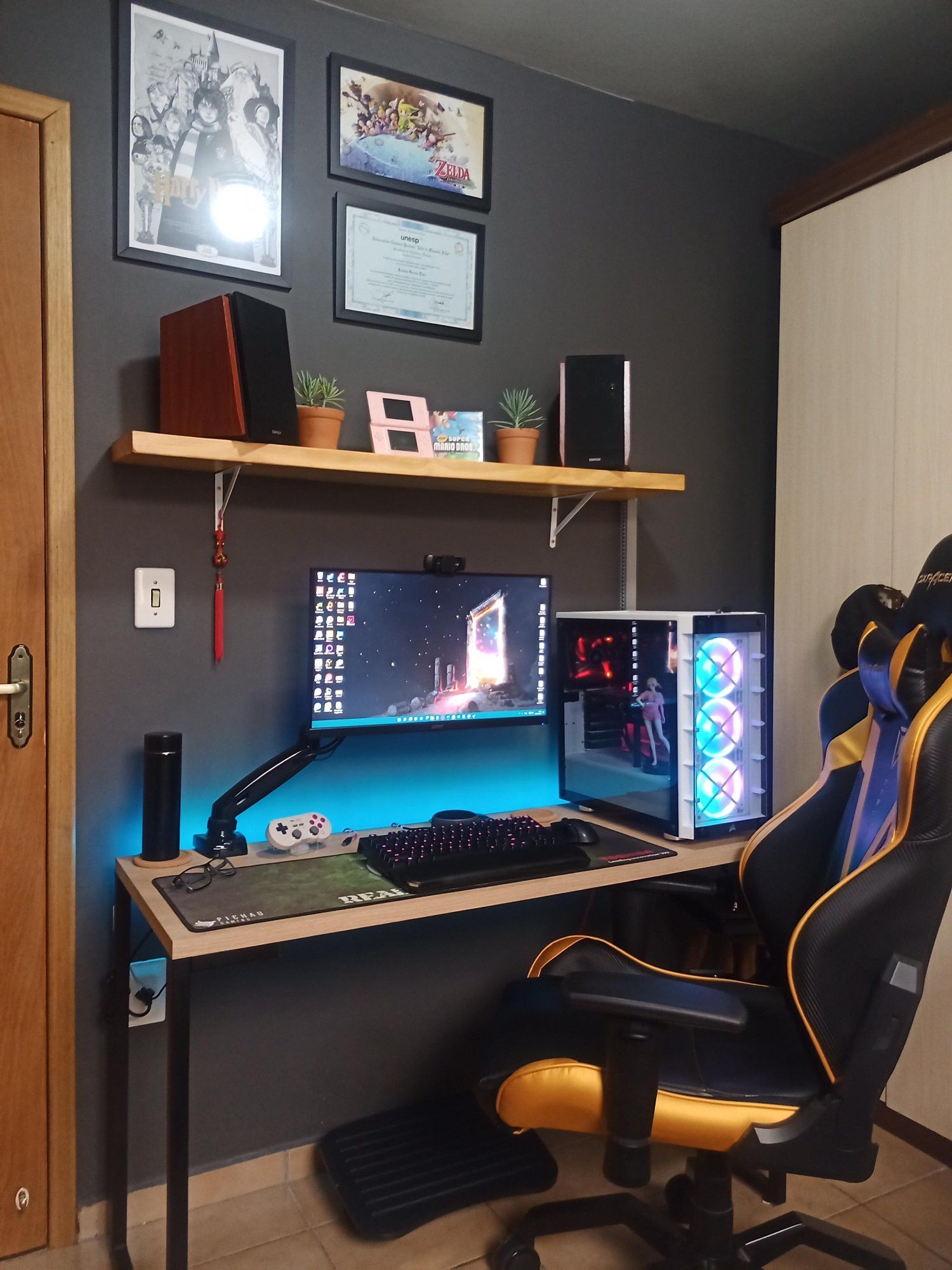 Small desk setup with vertical storage