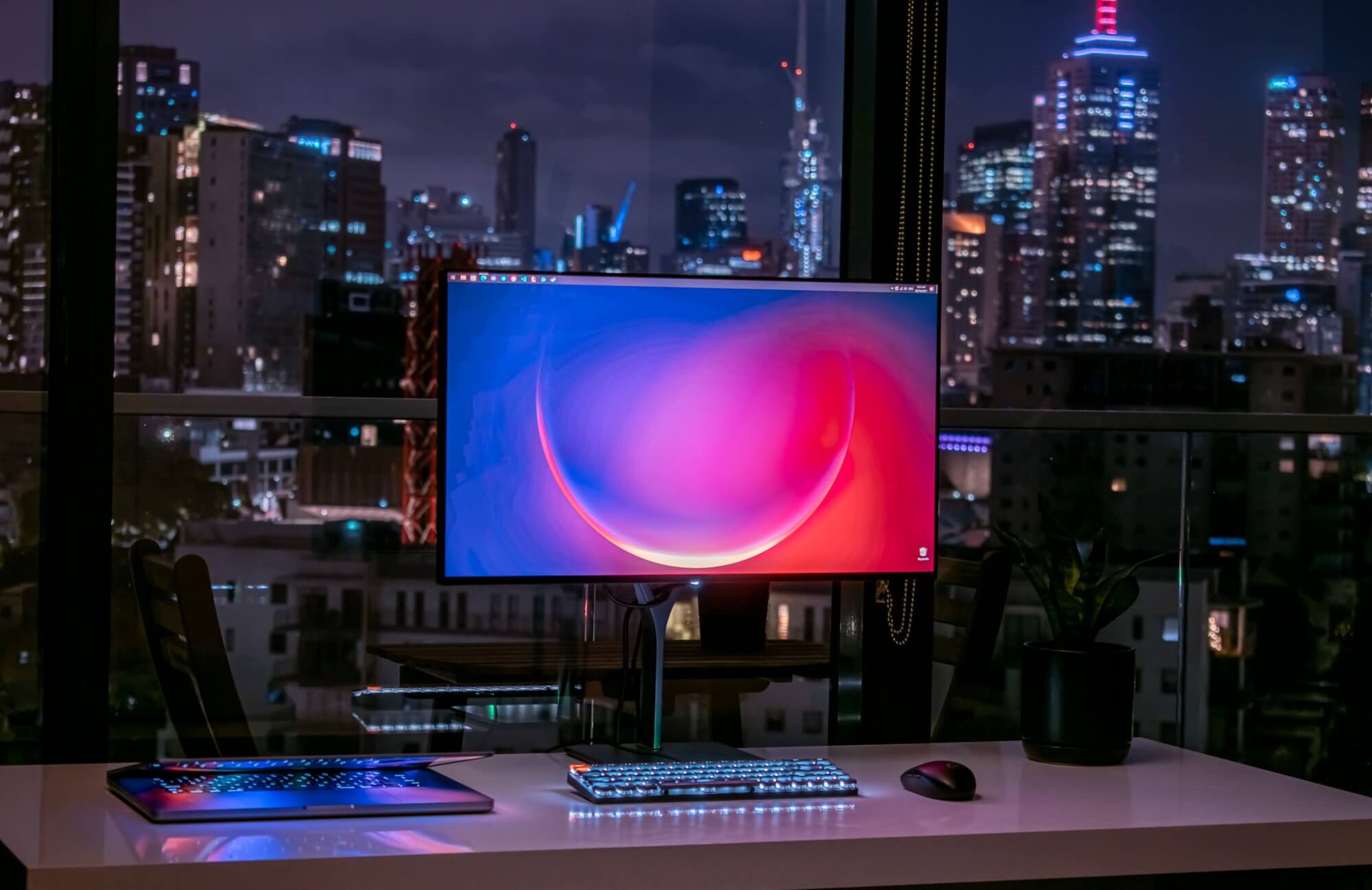 A night view of the minimalist desk setup