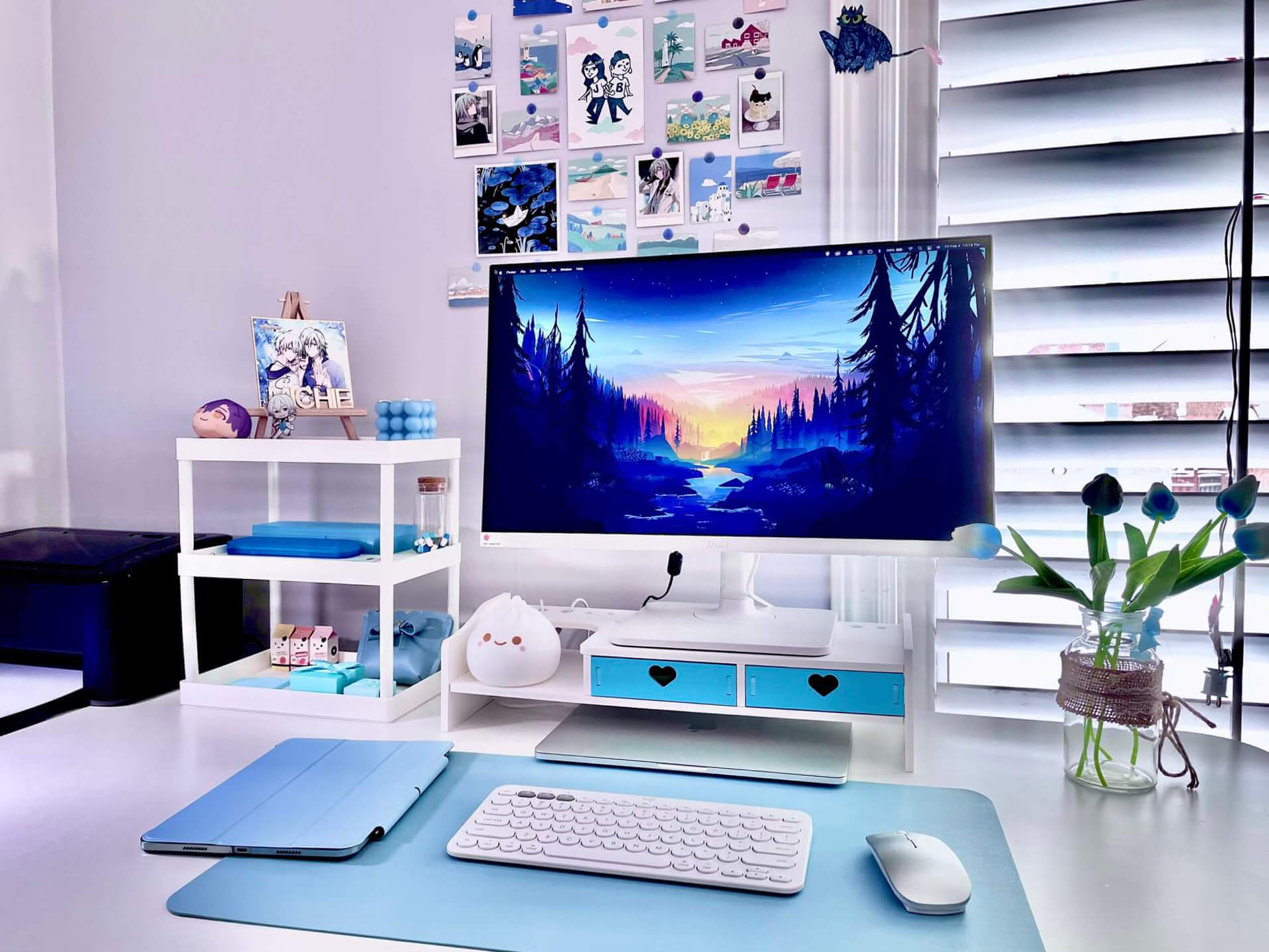 A blue desk setup