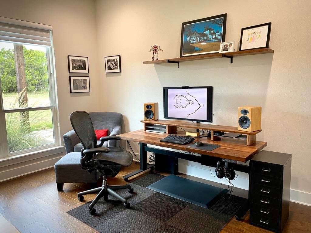 A home workstation with an Uplift standing desk and an Uplift Motion stool