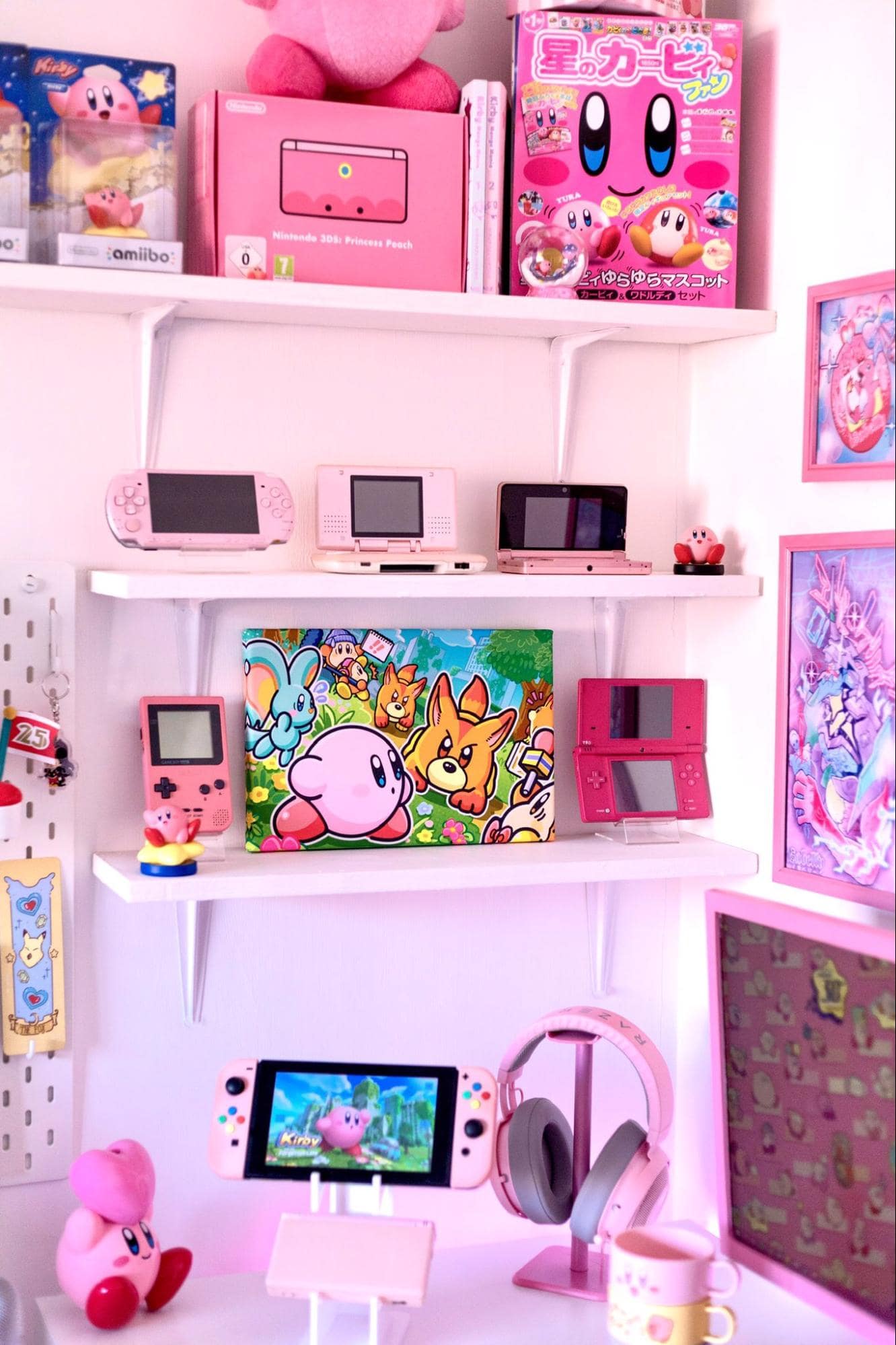 A pink Kirby-inspired desk setup