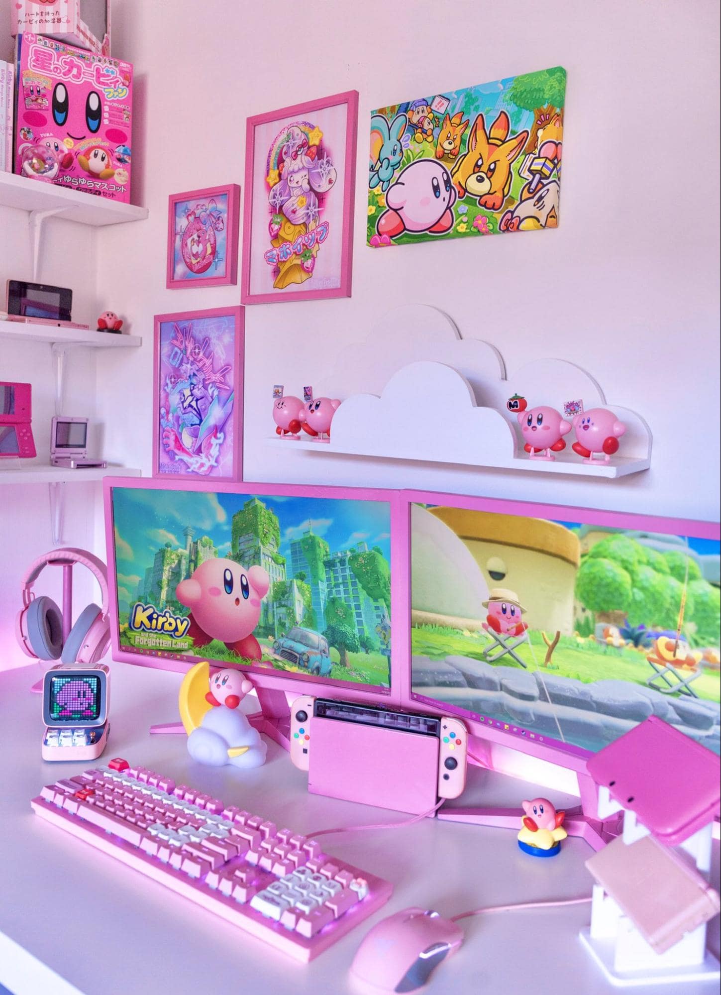 A pink gaming desk setup inspired by the Kirby video games