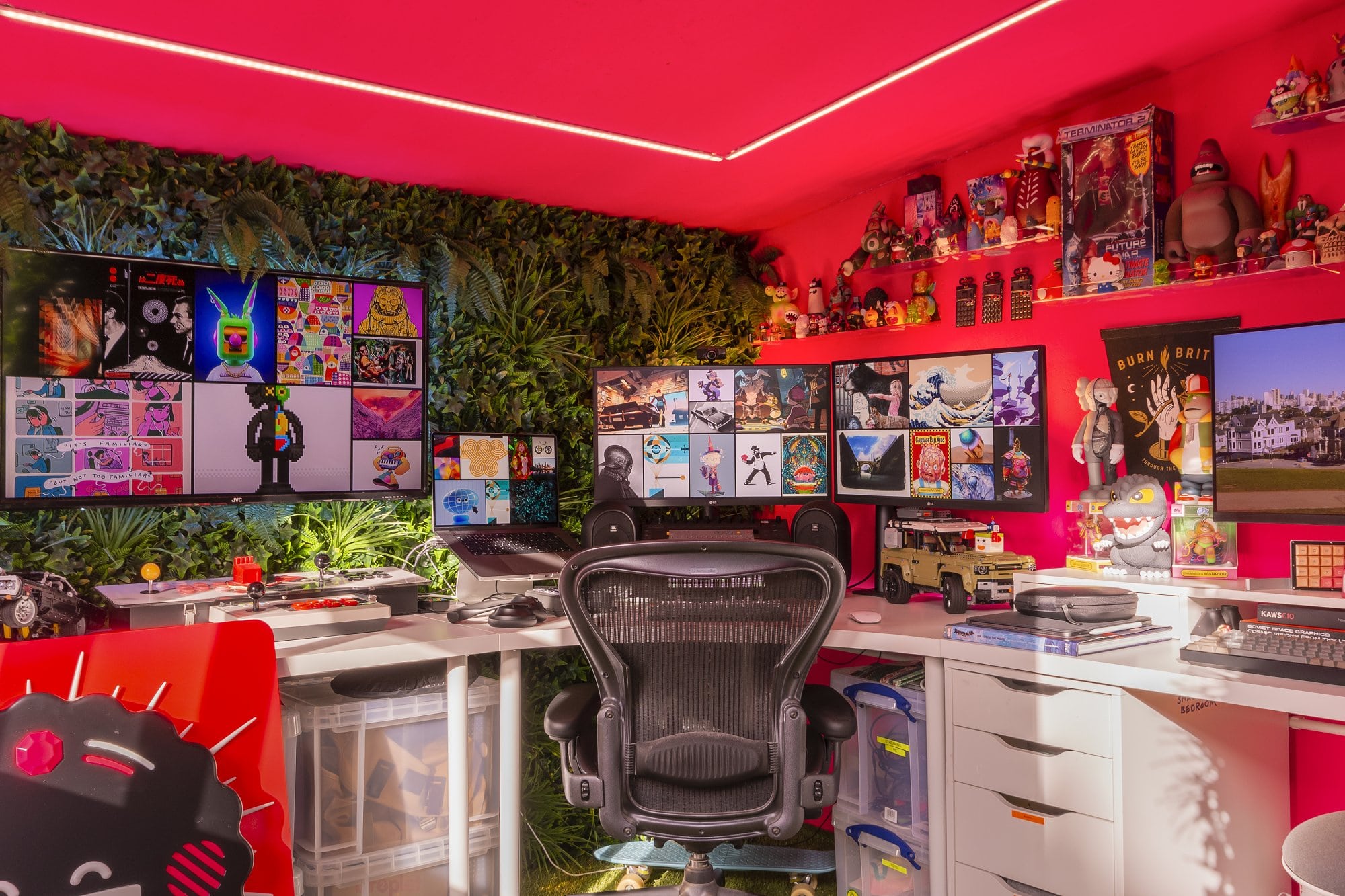 A colourful home office featuring a Herman Miller Aeron chair