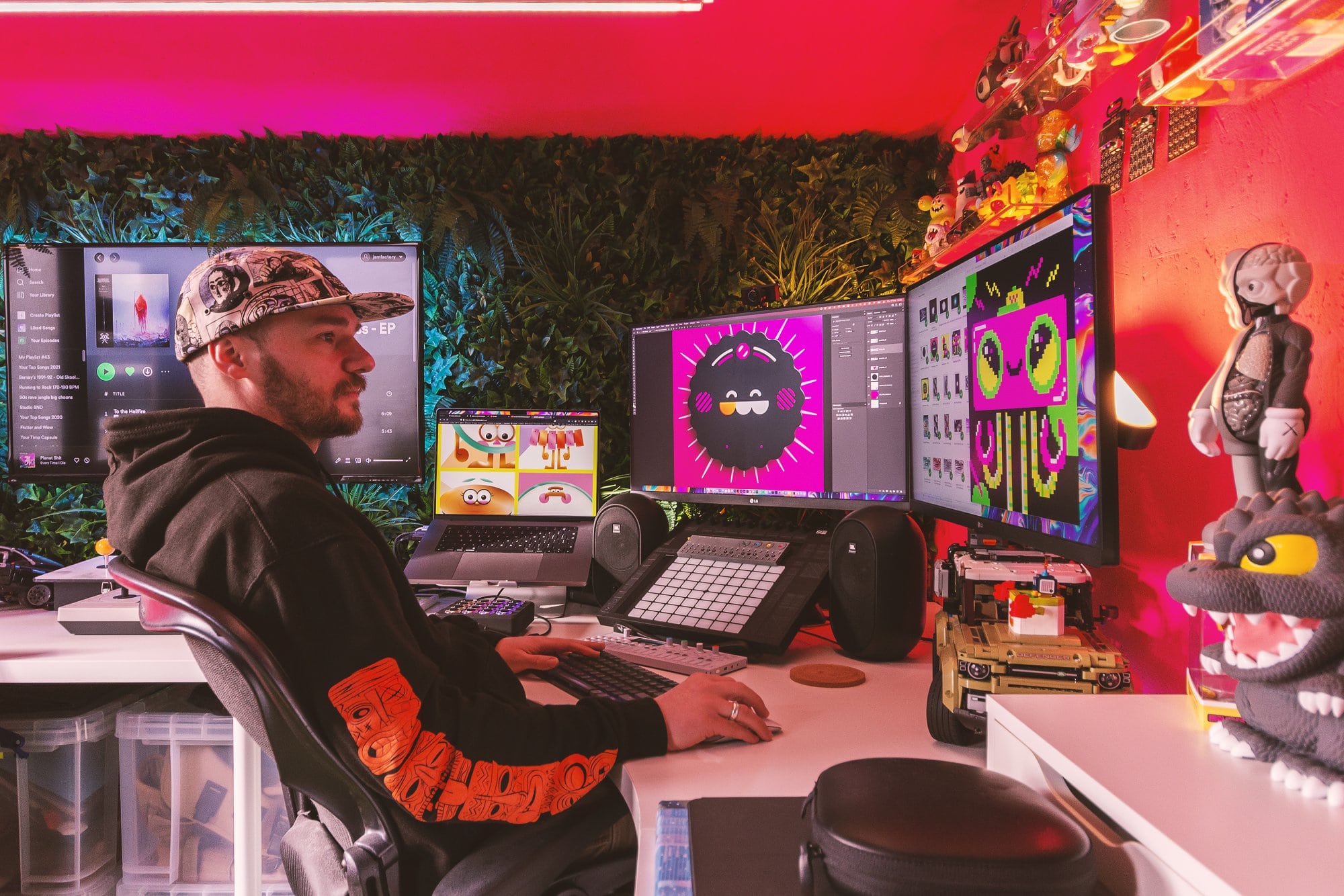 A neon-inspired desk setup in a den in Bristol, UK