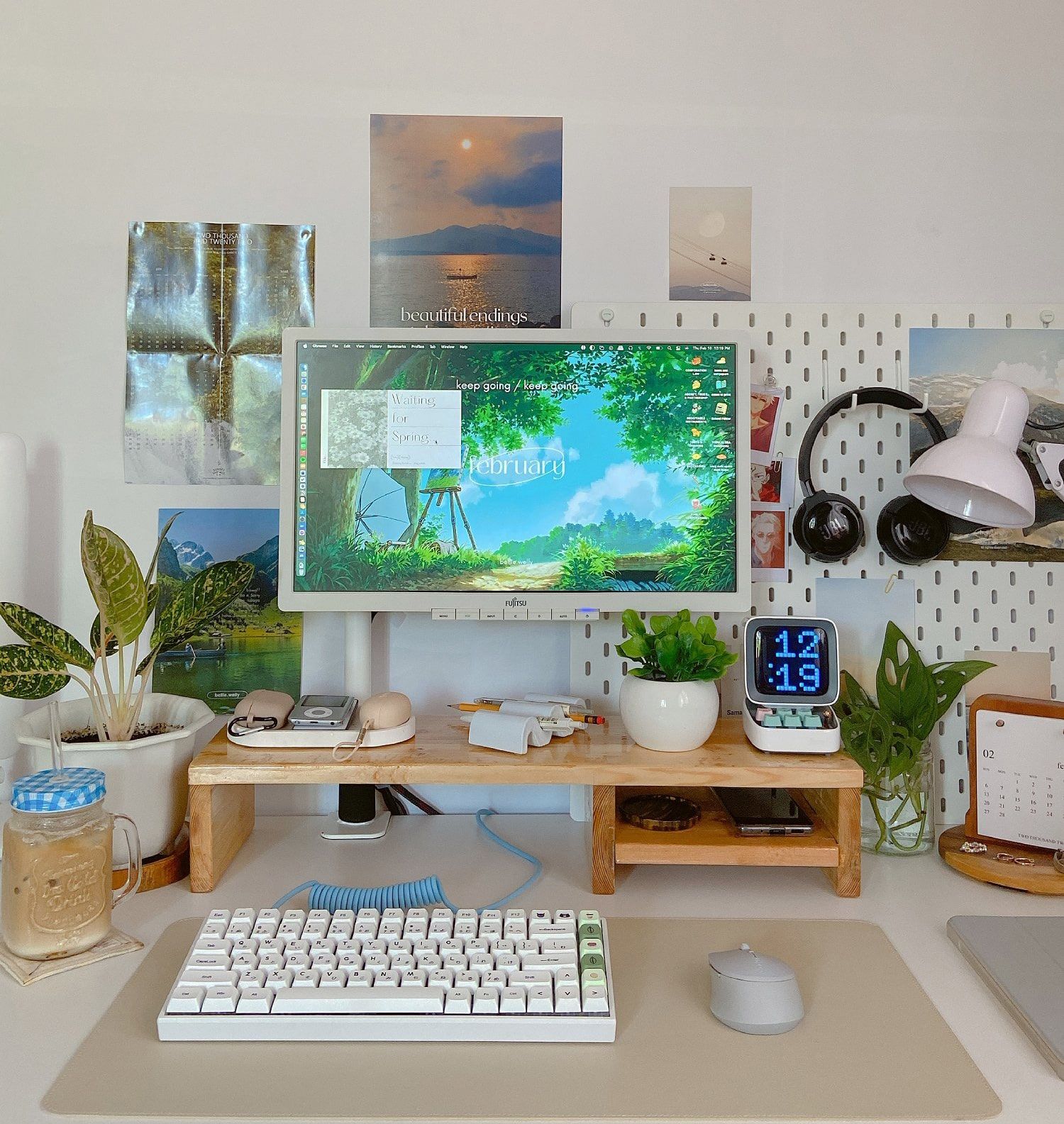 A cute study desk setup featuring a mechanical keyboard