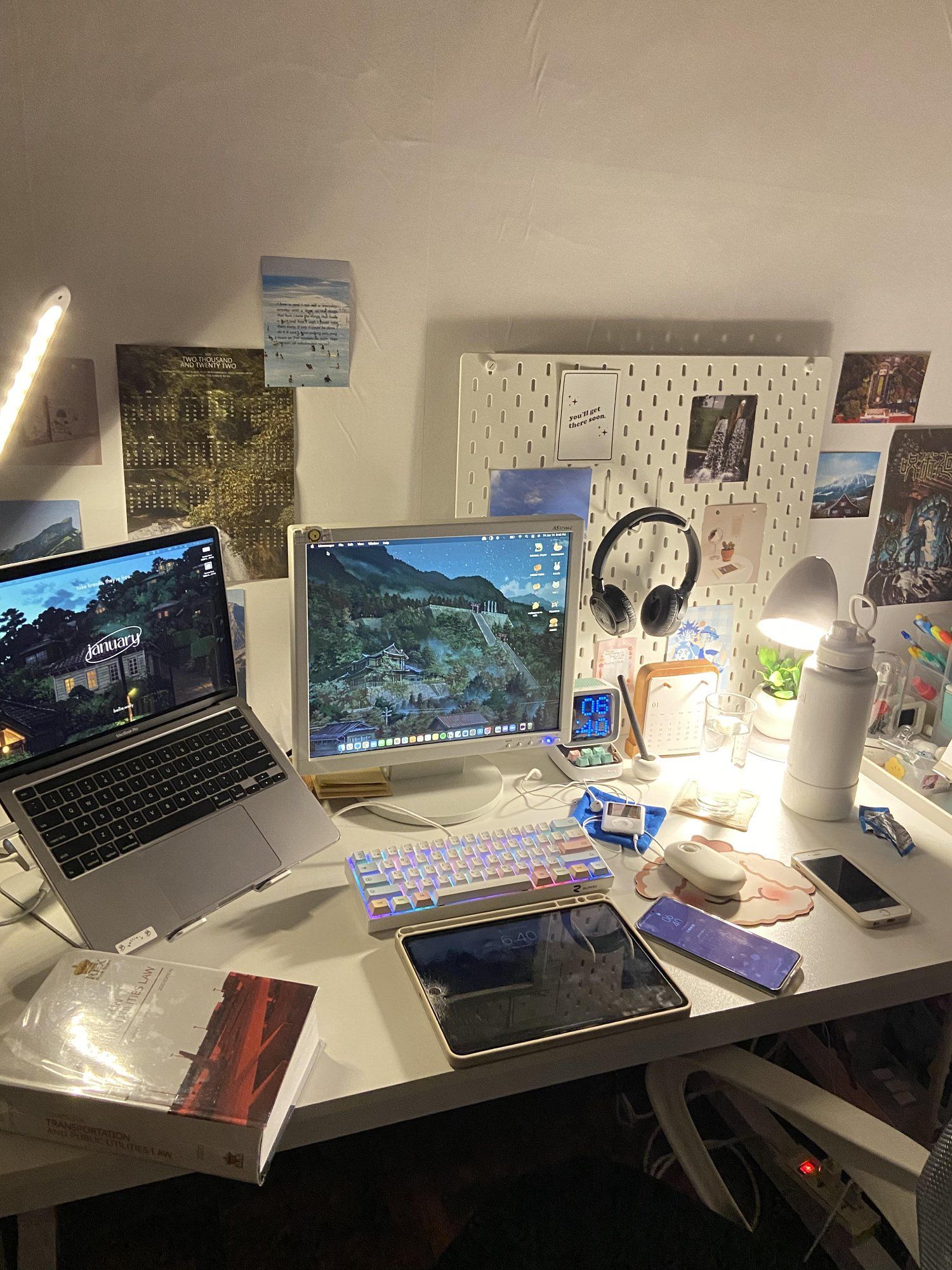 A cluttered home workspace
