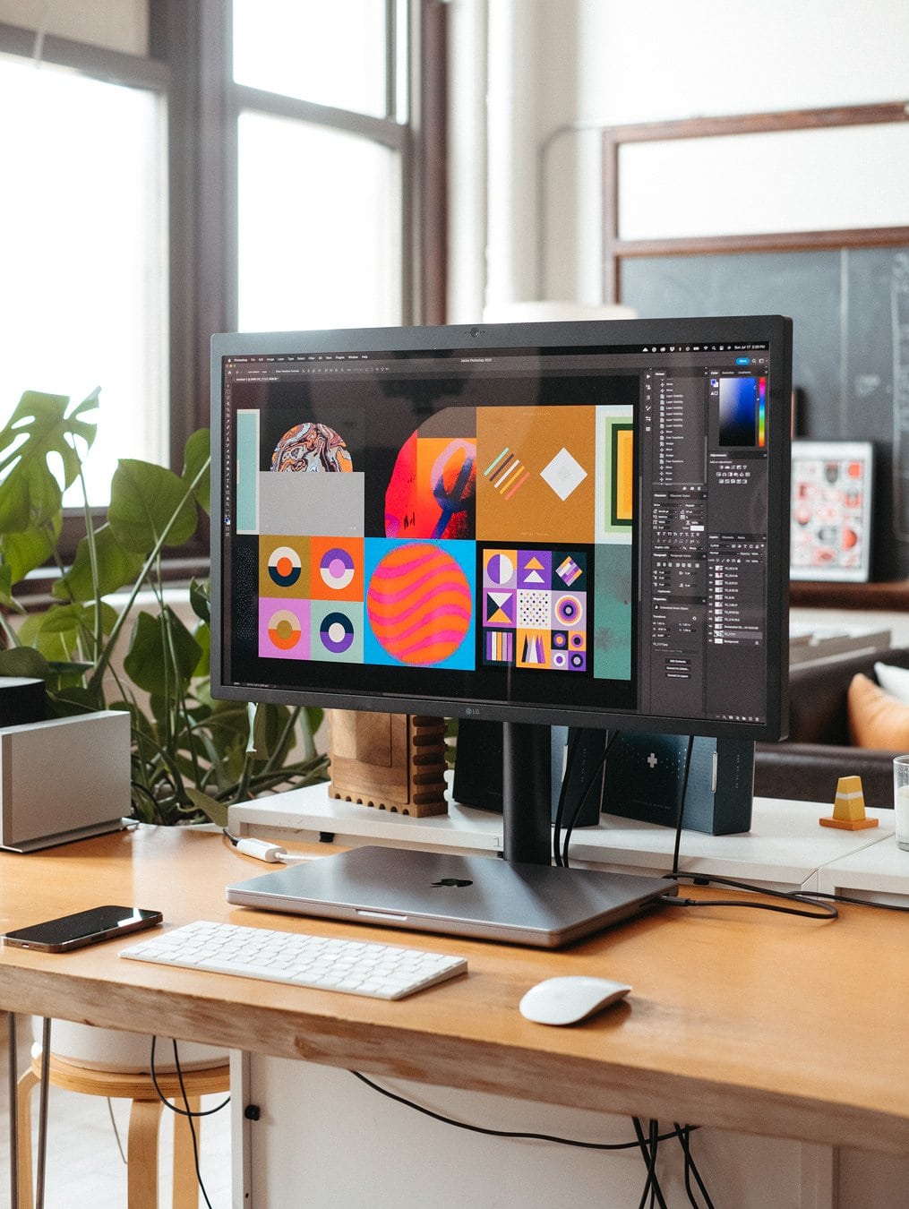 A minimal workspace in a former school building