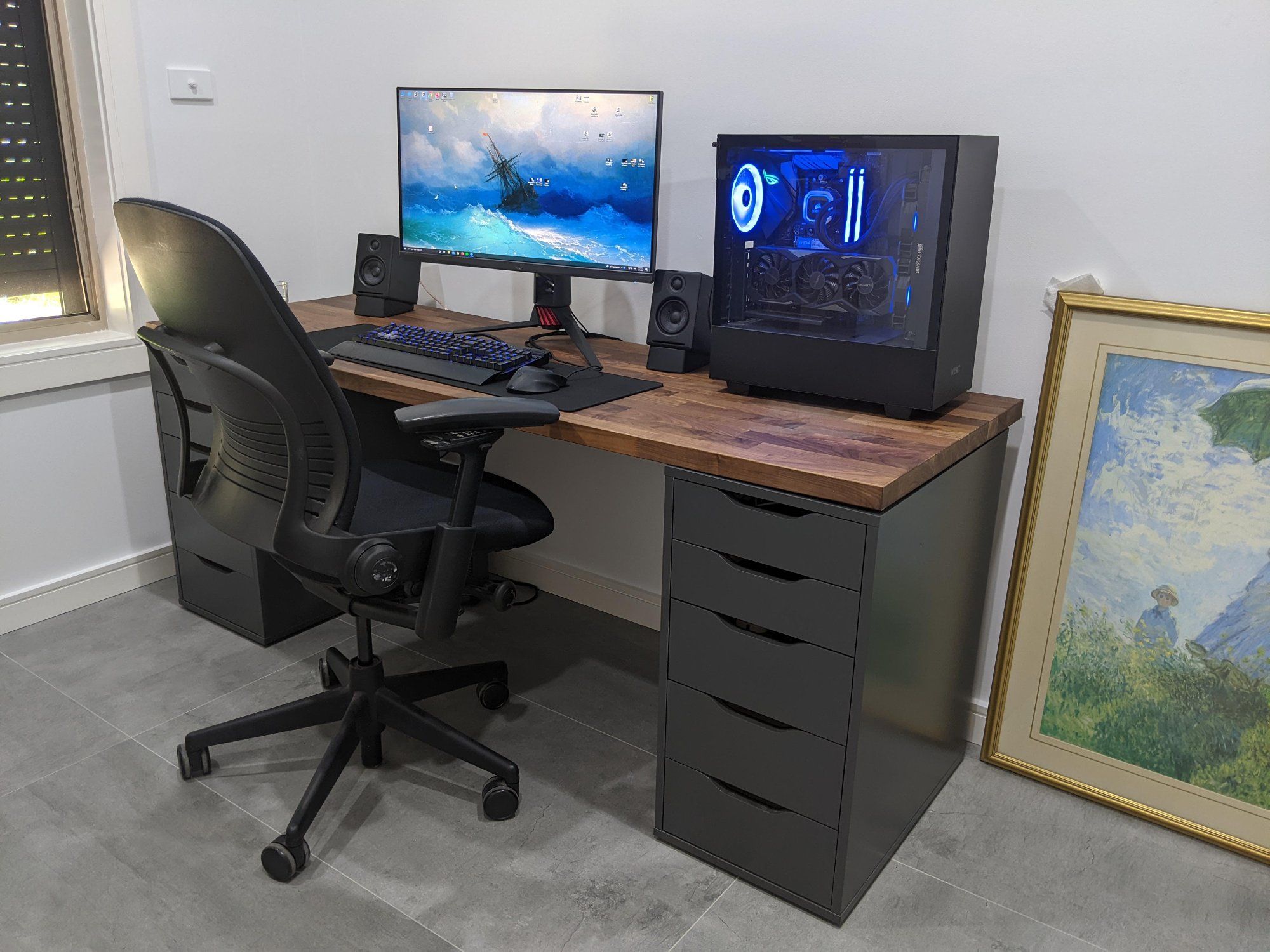 IKEA battlestation desk setup with grey ALEX drawers