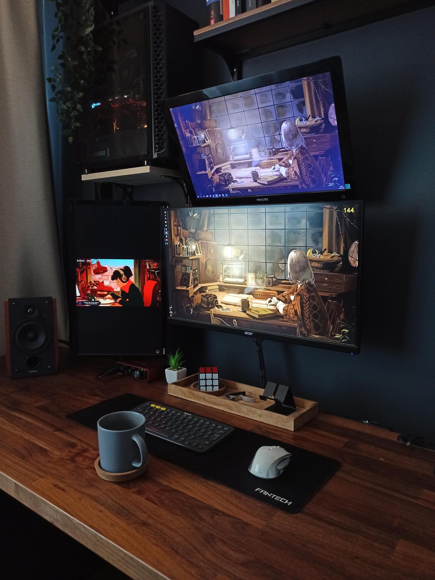 Triple screen home workspace with ALEX Drawers, shelves and slants