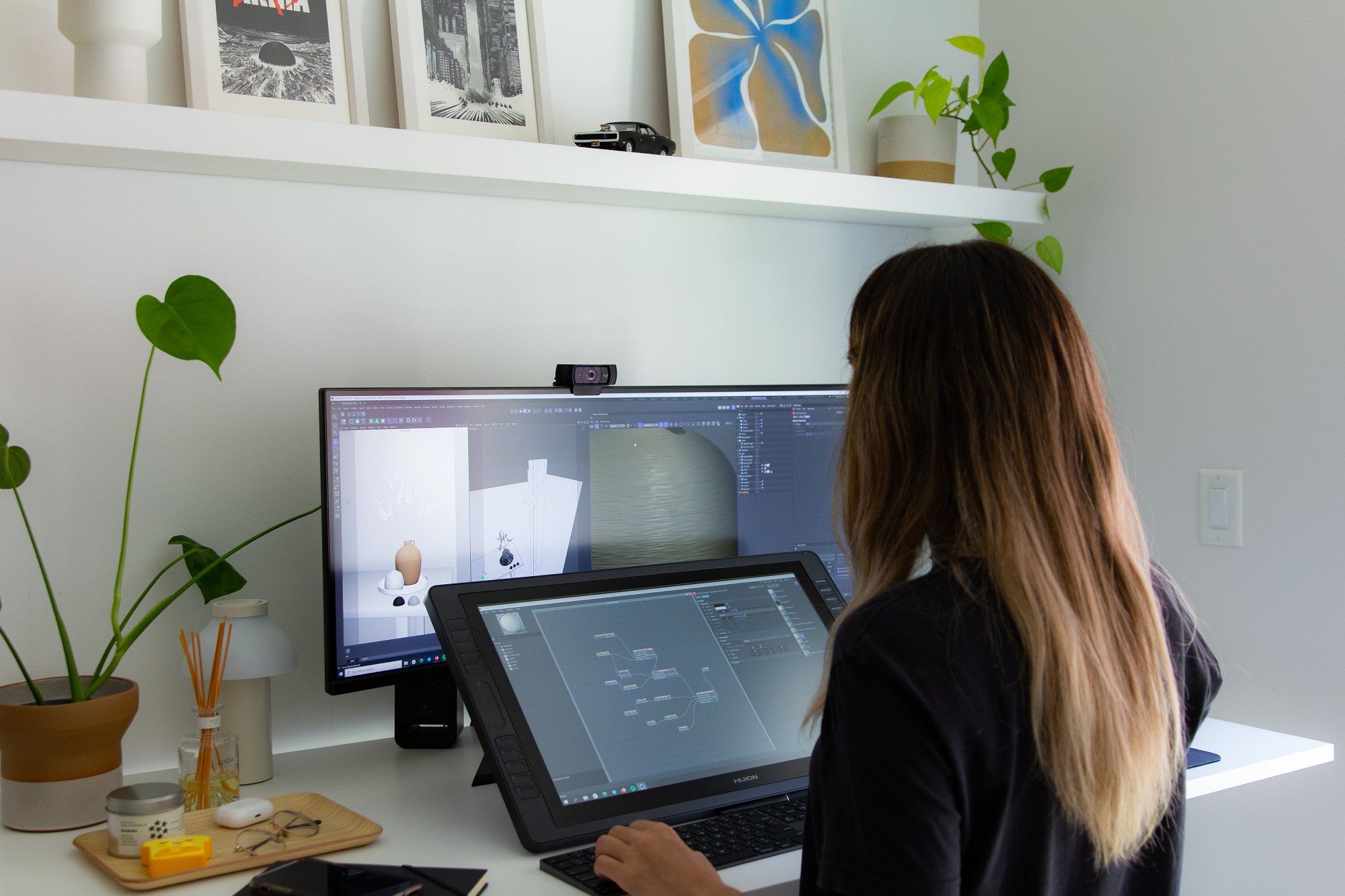 Jantana Hennard, a 3D designer, at her ergonomic home workspace in Canada