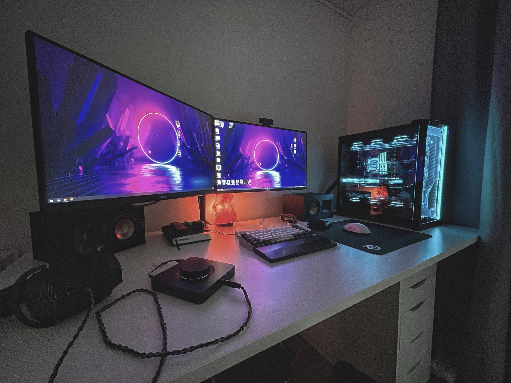 IKEA workstation with two screens and custom loop PC