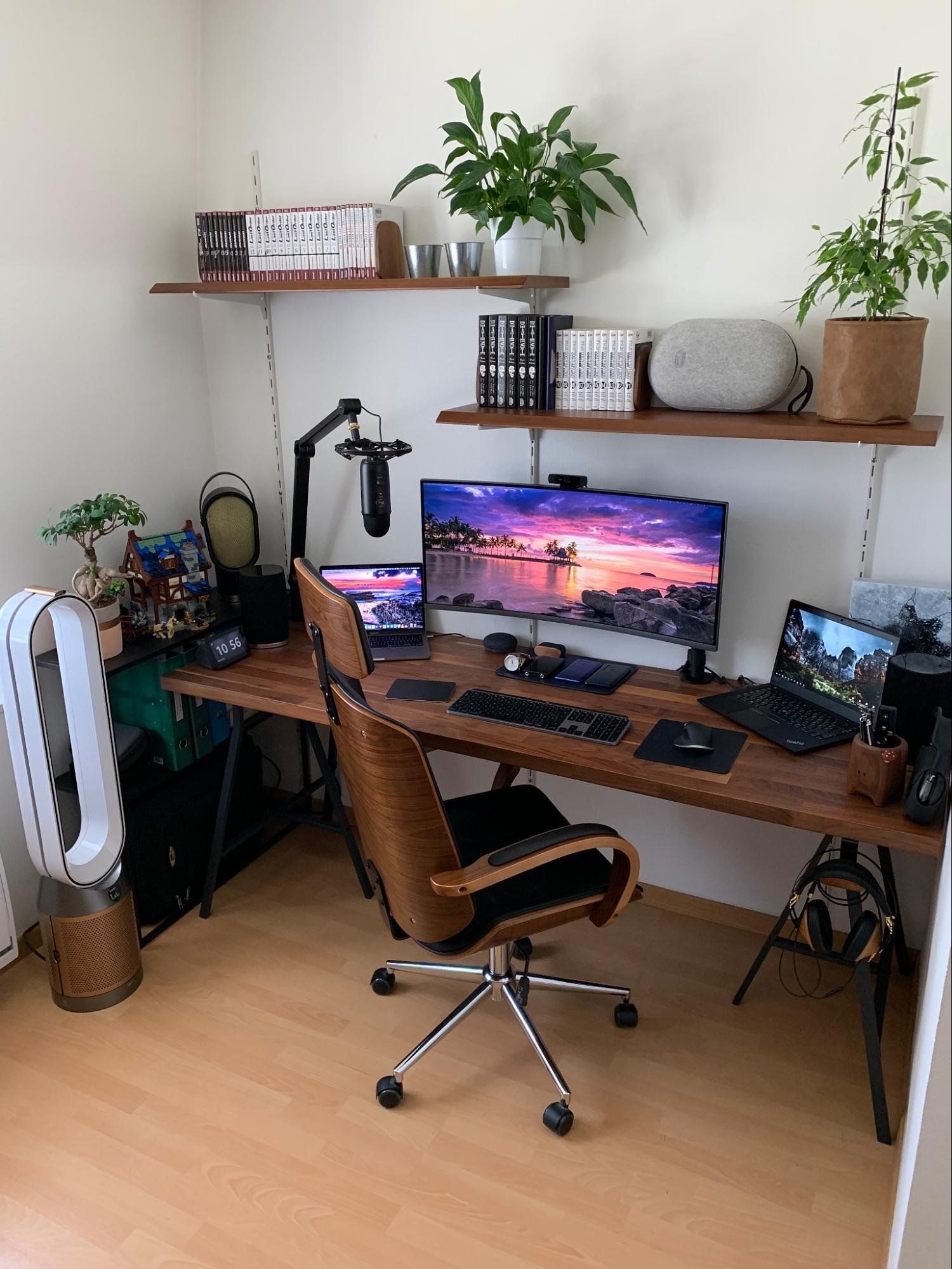 A walnut-themed home workspace in Paris, France