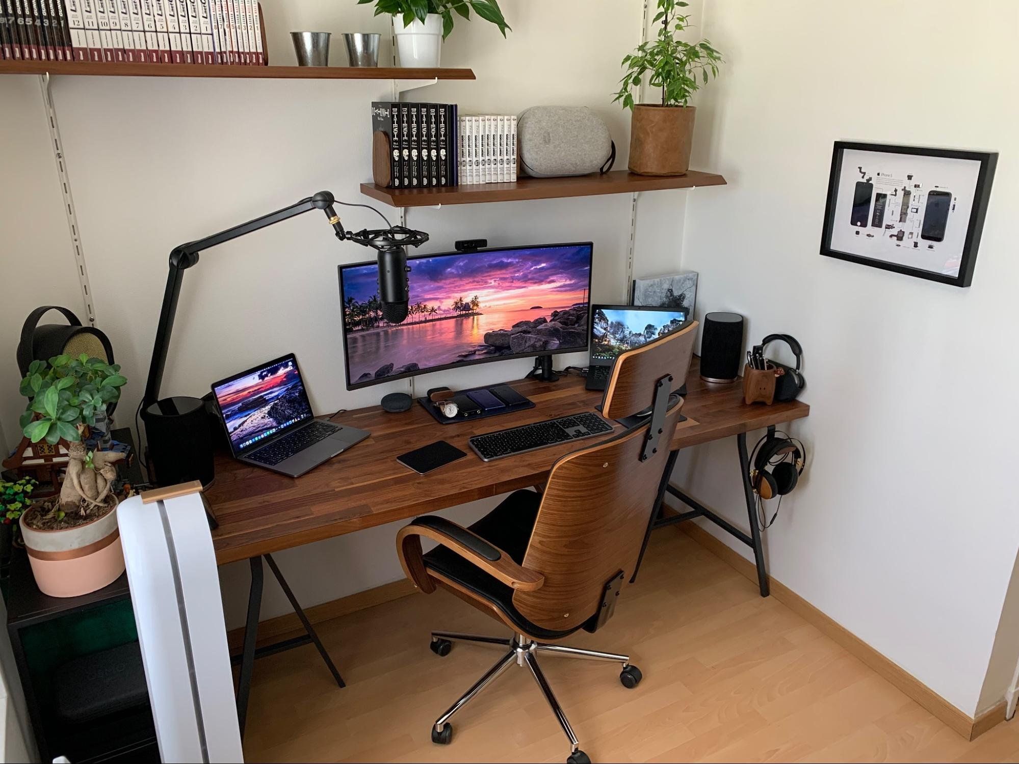 A clean home office in walnut colour