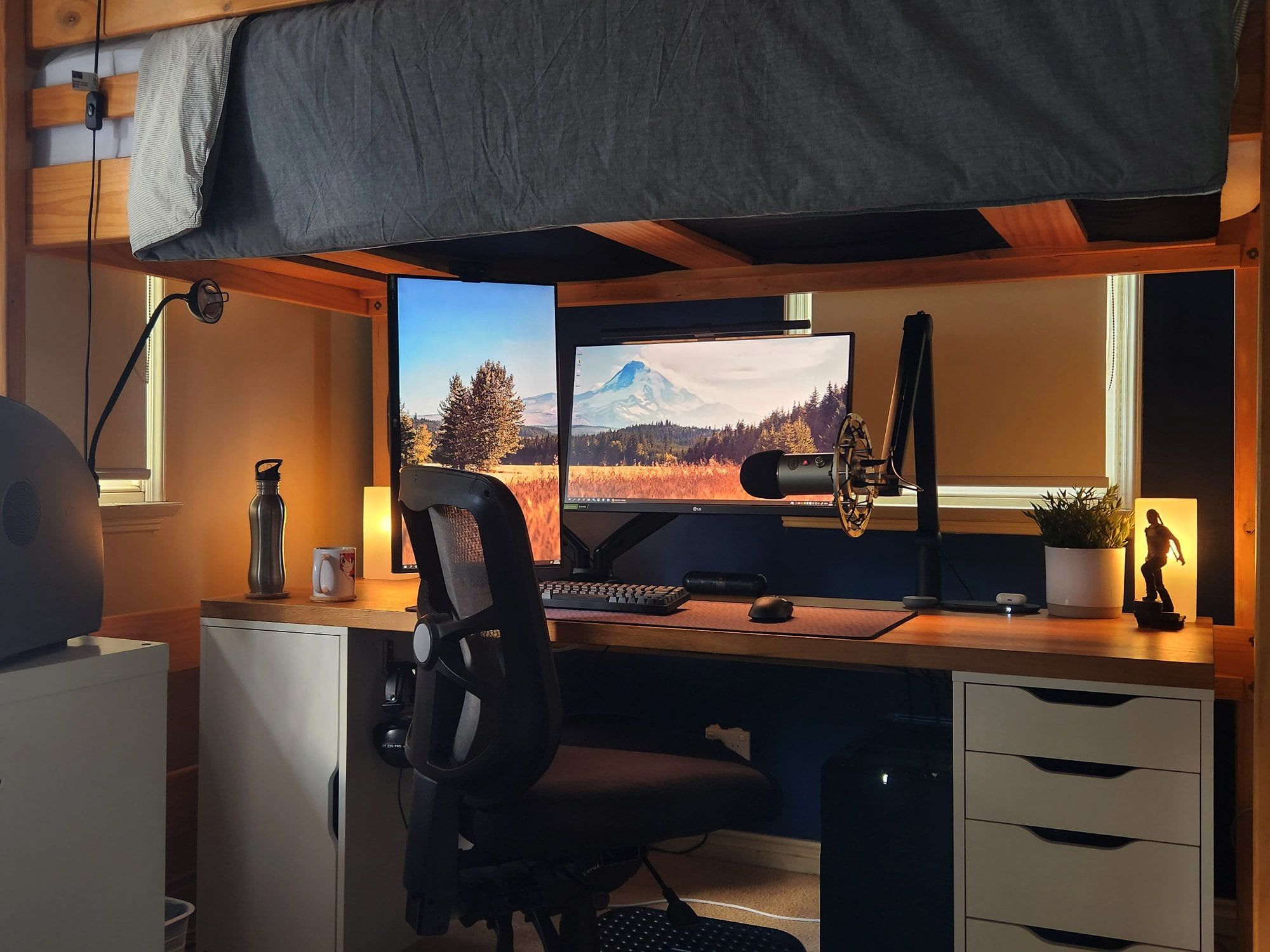 A smart desk setup under the loft bed