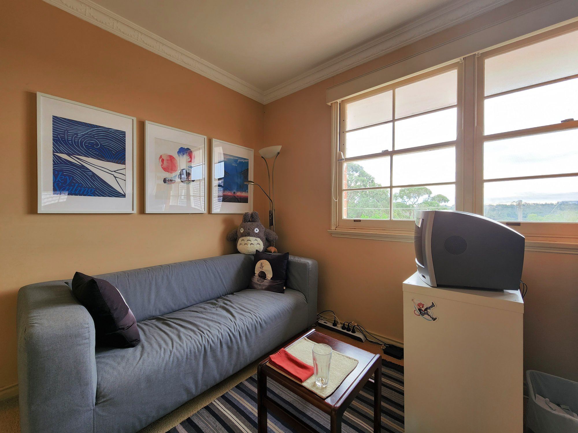 The recreational part of Raymond Cripps’ room with a sofa, Totoro soft toy, and a TV set