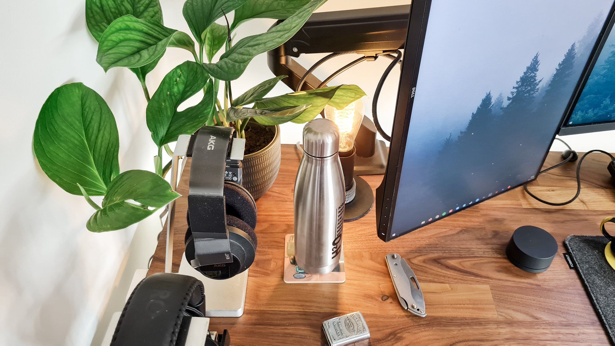 A corner of the desk setup in France with a plant, a water bottle, headphones, and a vertical monitor