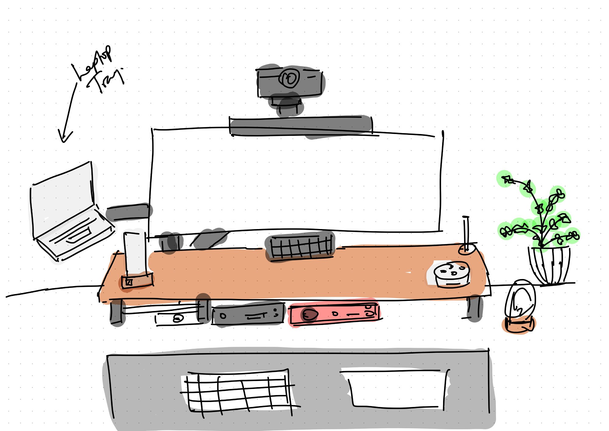 An illustration by Ogeh, depicting her envisioned layout for her future desk setup