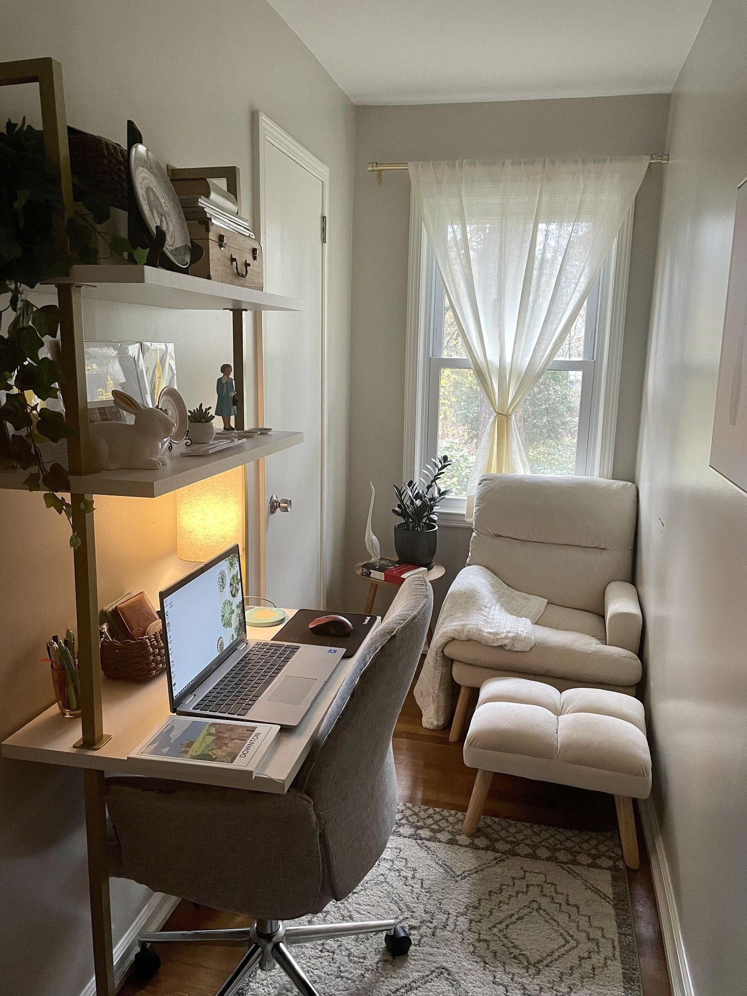 A small home office featuring a wall-mounted ladder desk by Nathan James Theo
