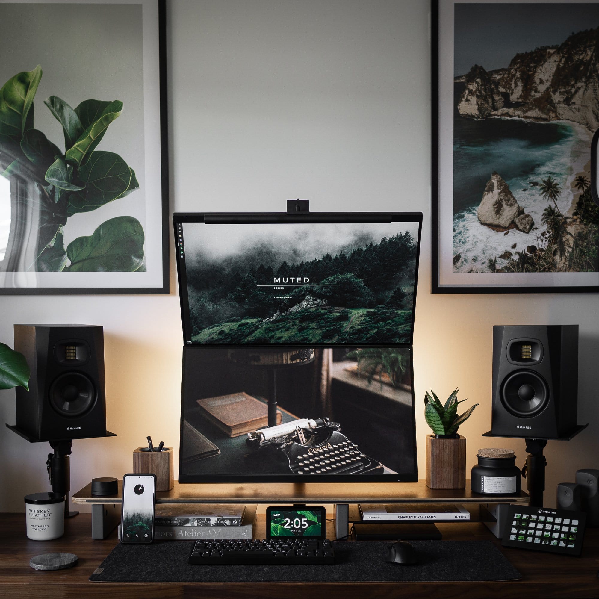 A calming and moody dual-screen home office setup with houseplants