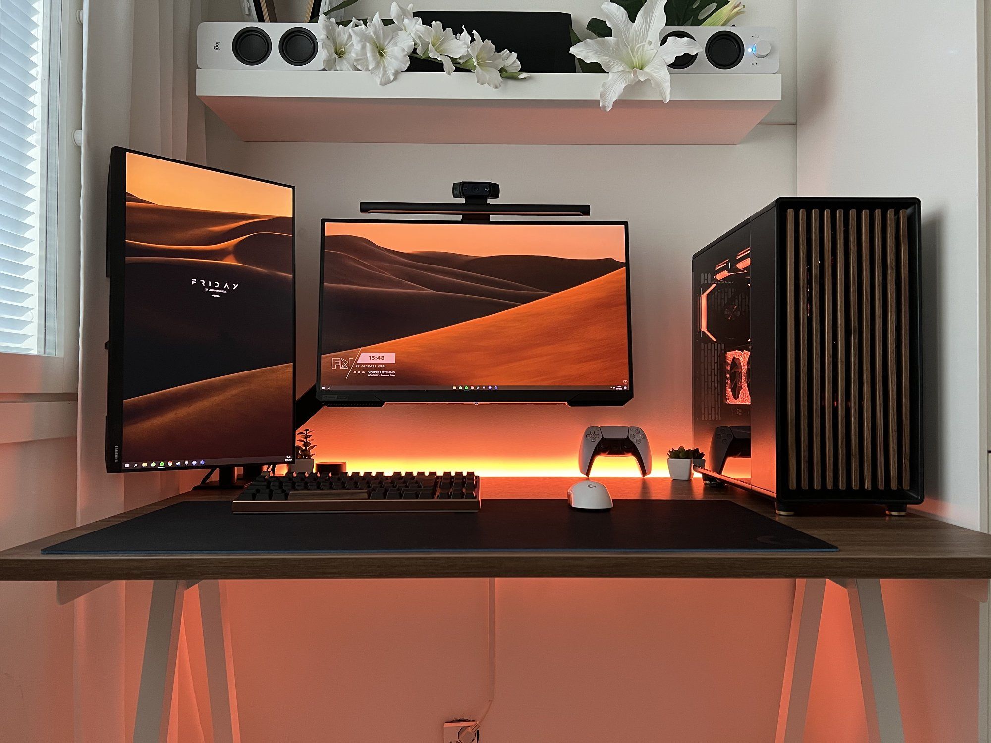 A stylish dual-screen desk setup in Finland