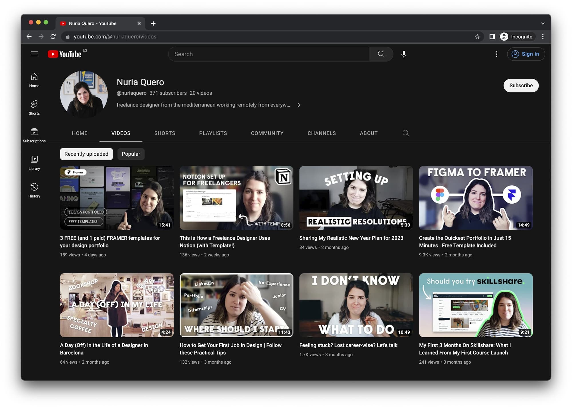 A screenshot of Nuria Quero’s Youtube channel