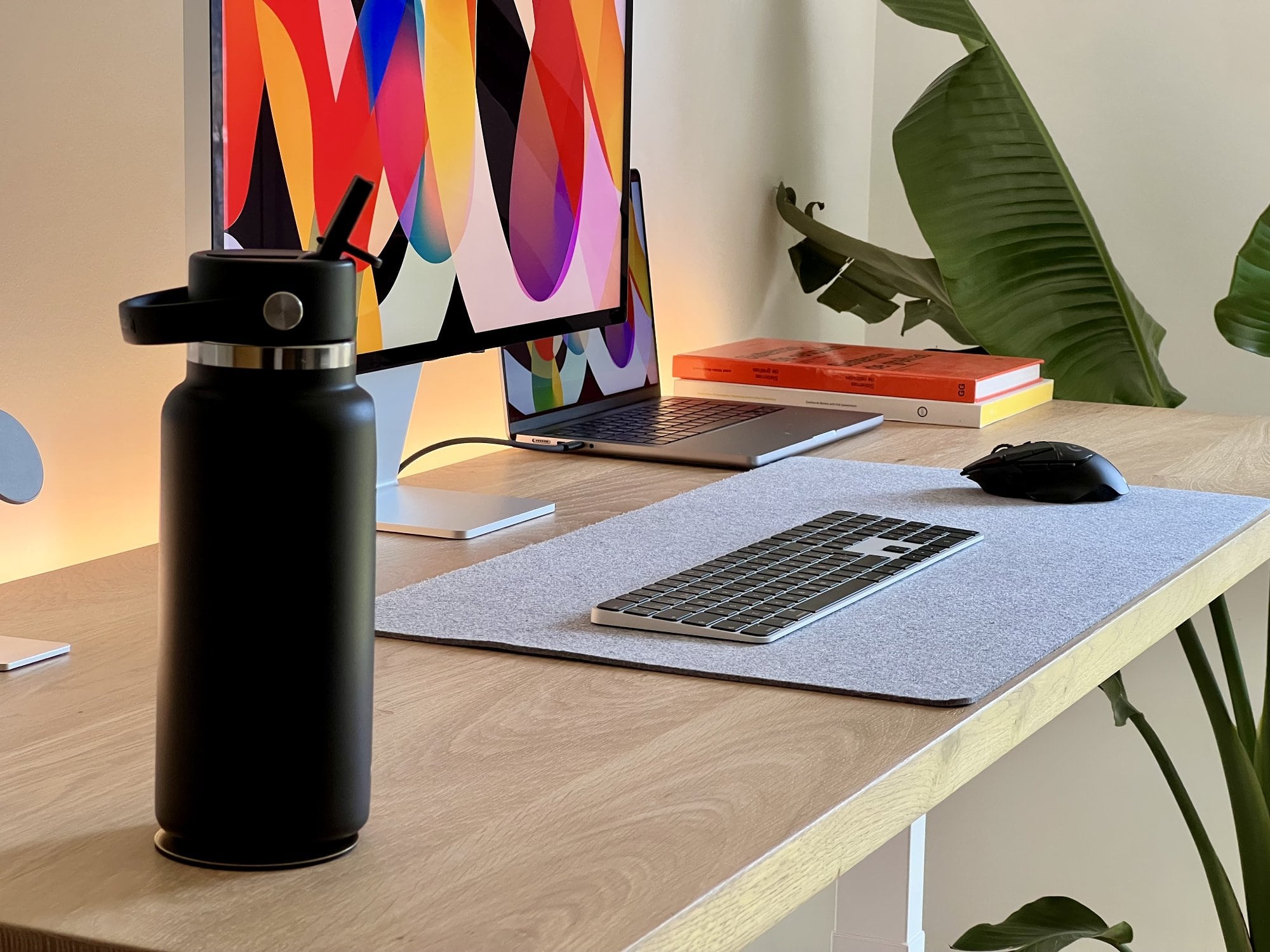 A reusable water bottle, an Apple Studio Display, and a MacBook Pro on the desk in a minimal home office in Spain