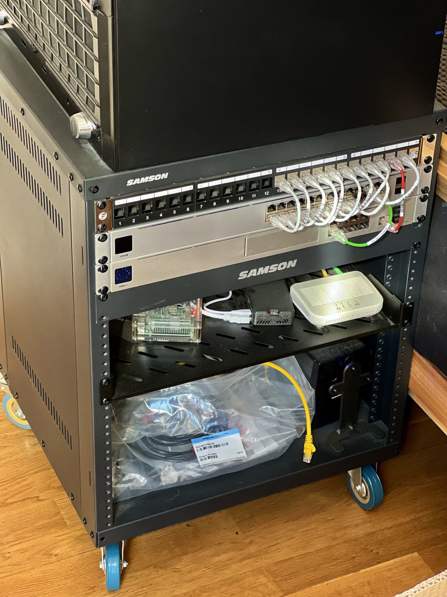 The equipment rack in a work-from-home office