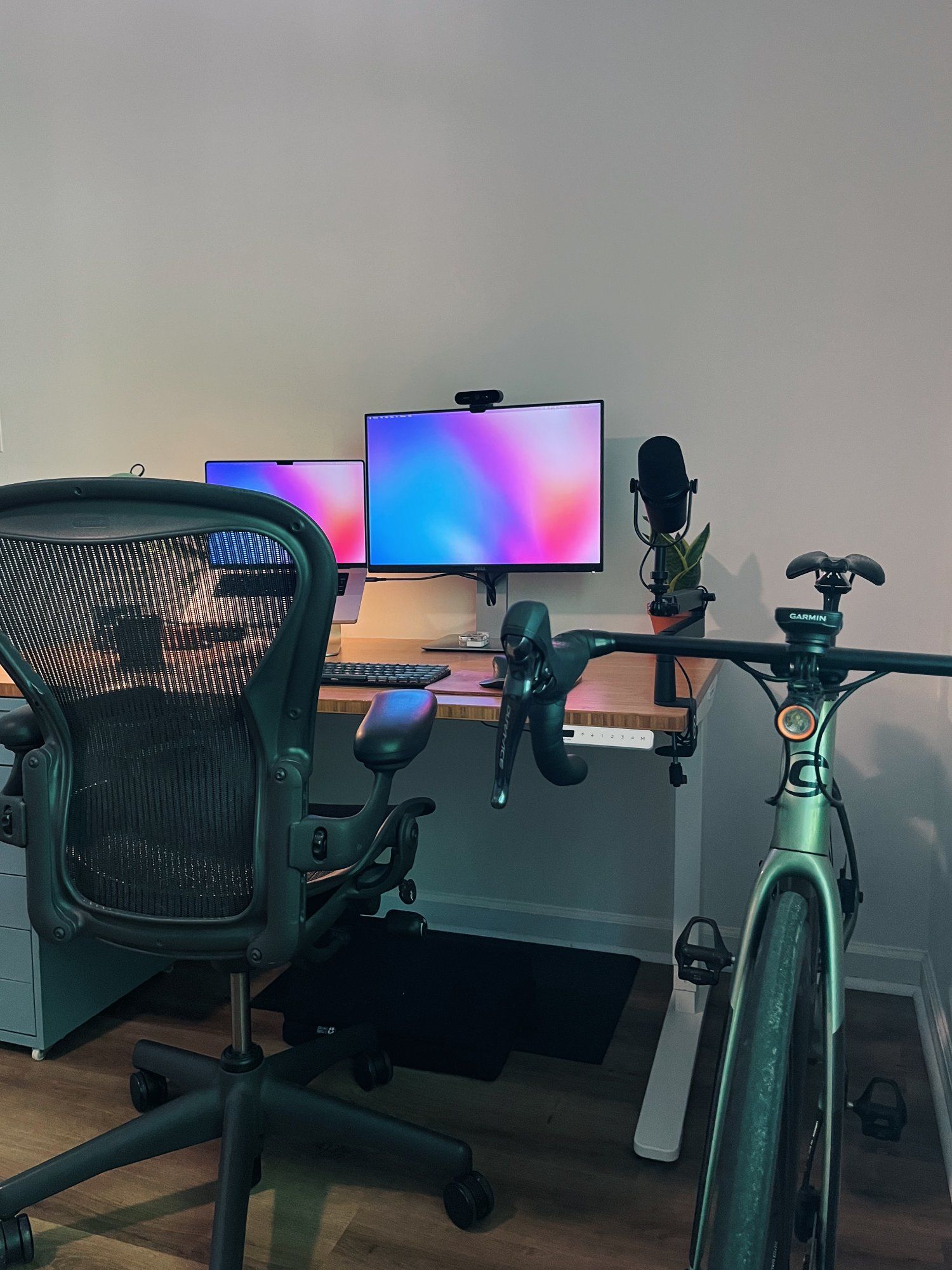 A Cannondale road bike next to the standing desk in a home office