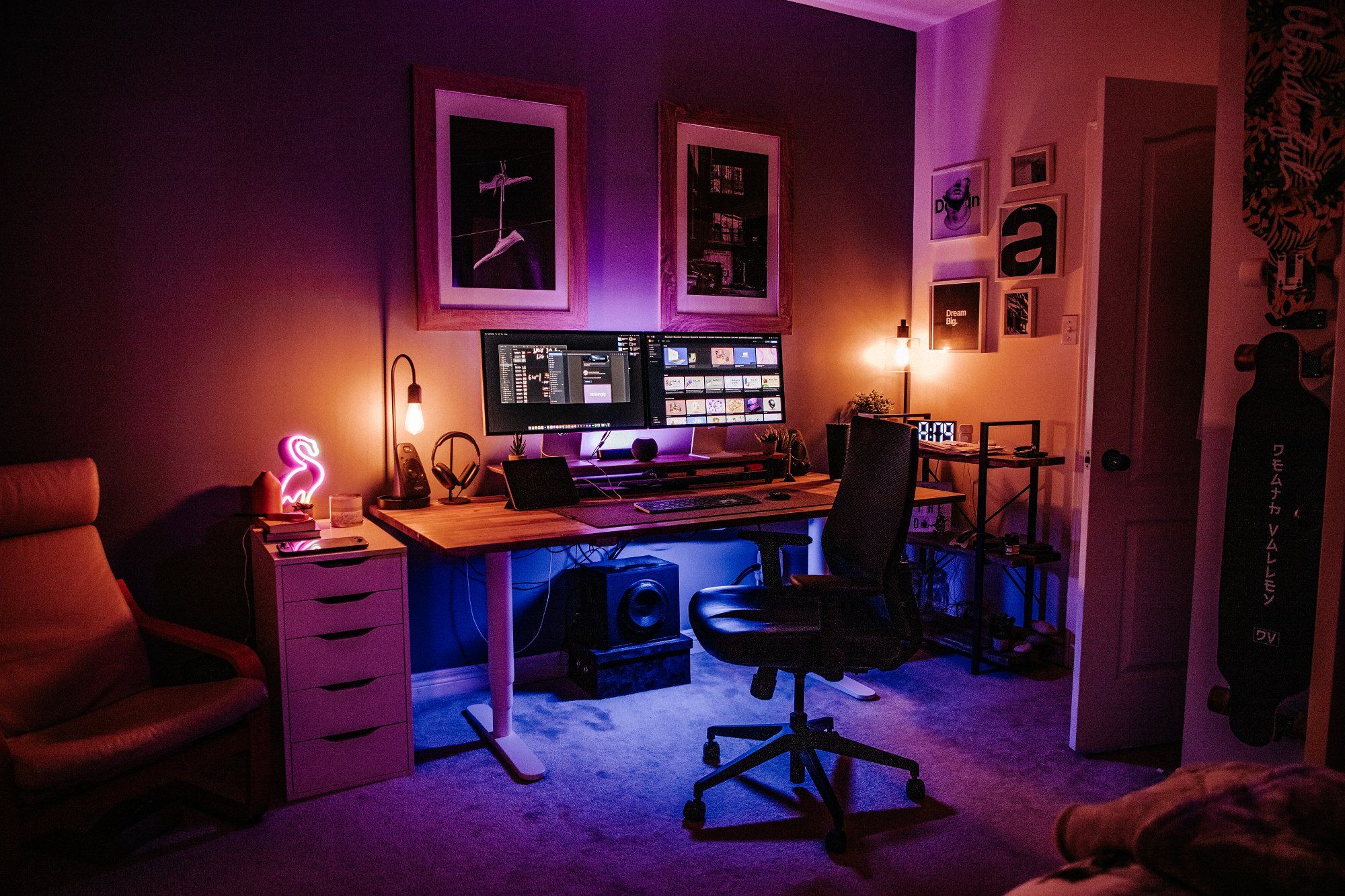 Moody lighting in a creative home office at night