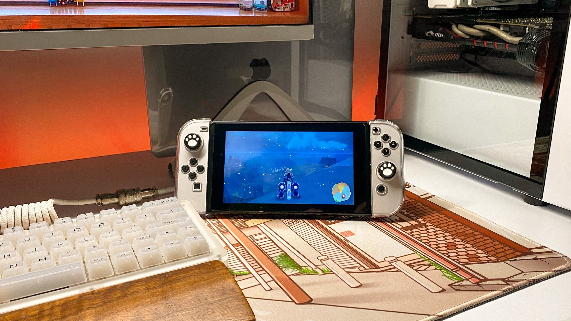 A Nintendo Switch game console with custom Joy-Con controllers