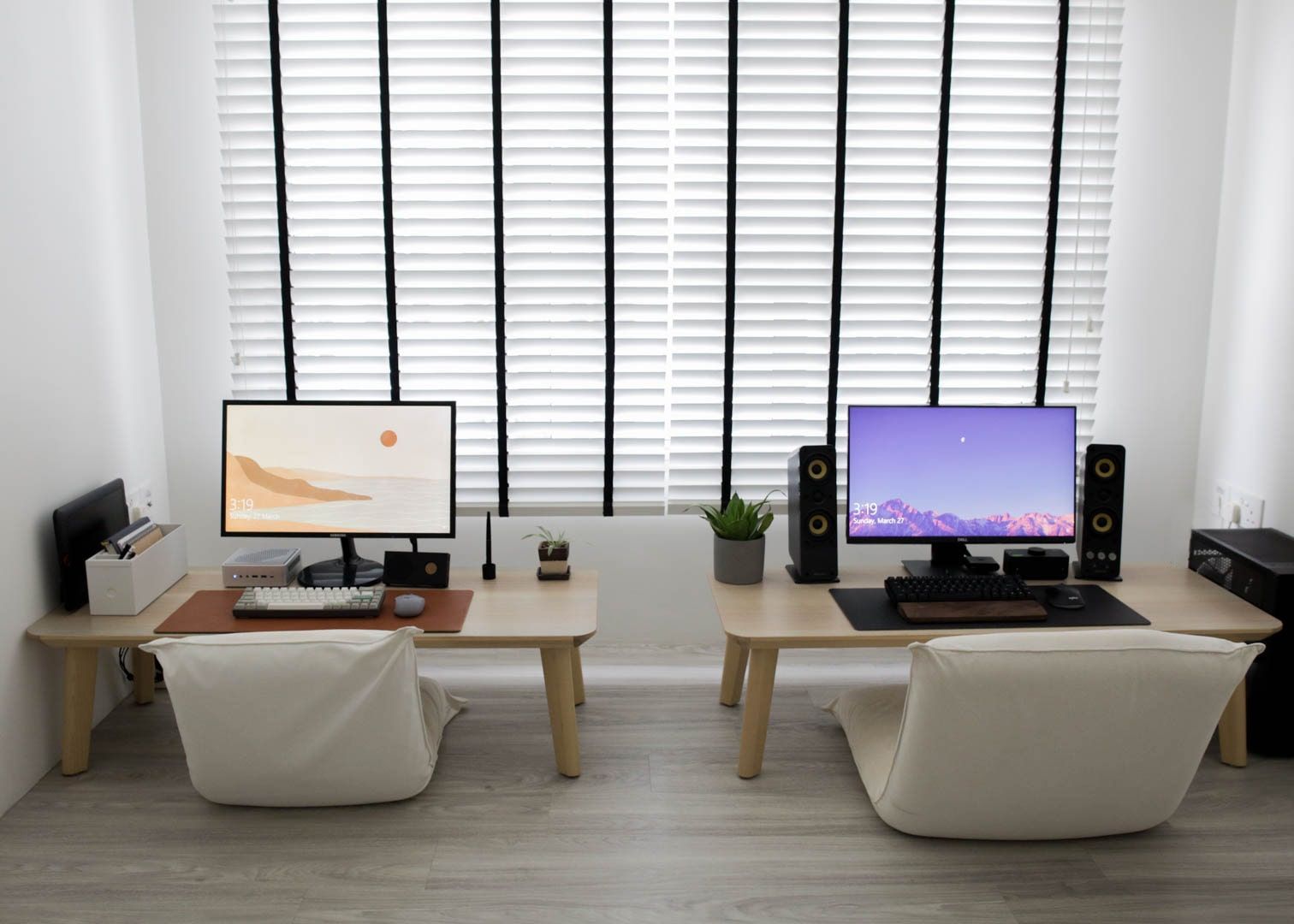 A floor chair and desk setup for two
