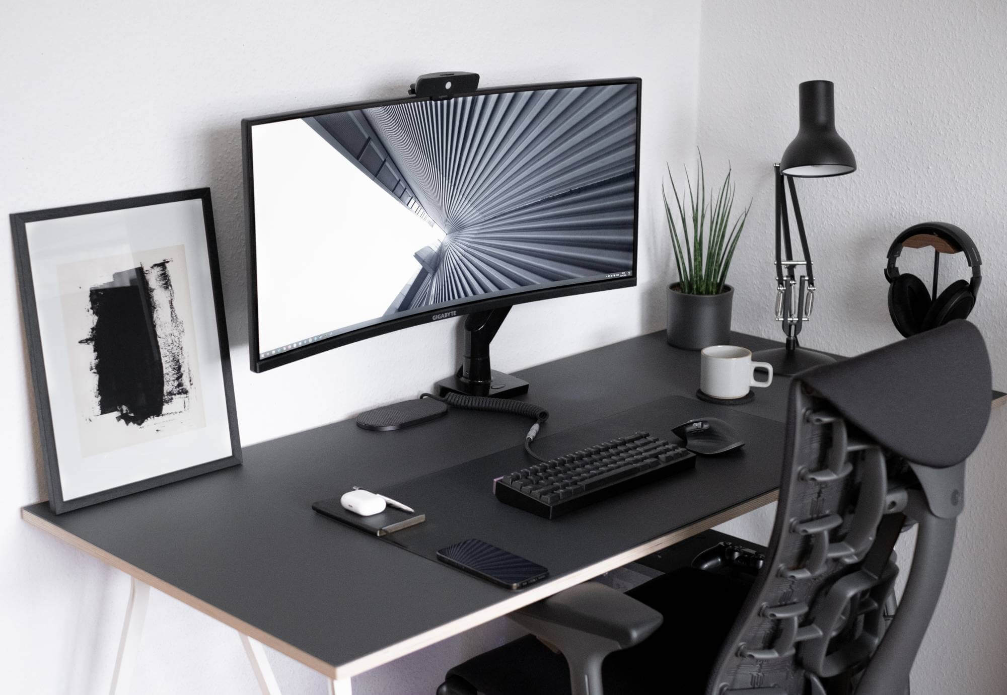A minimal monochrome desk setup