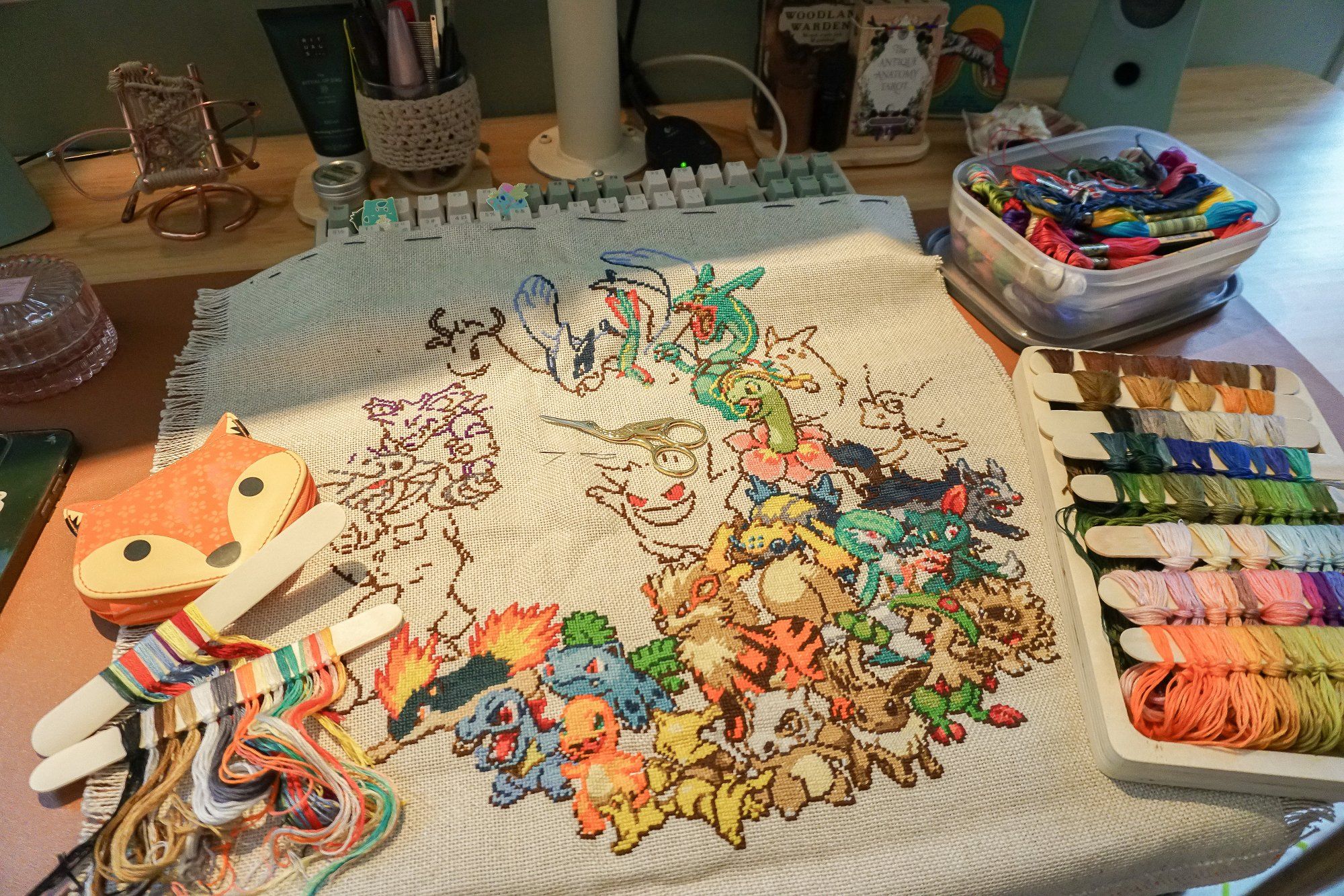 A piece of fabric with a started cross-stitching of Pokémon creatures and multicoloured threads lying on the desk