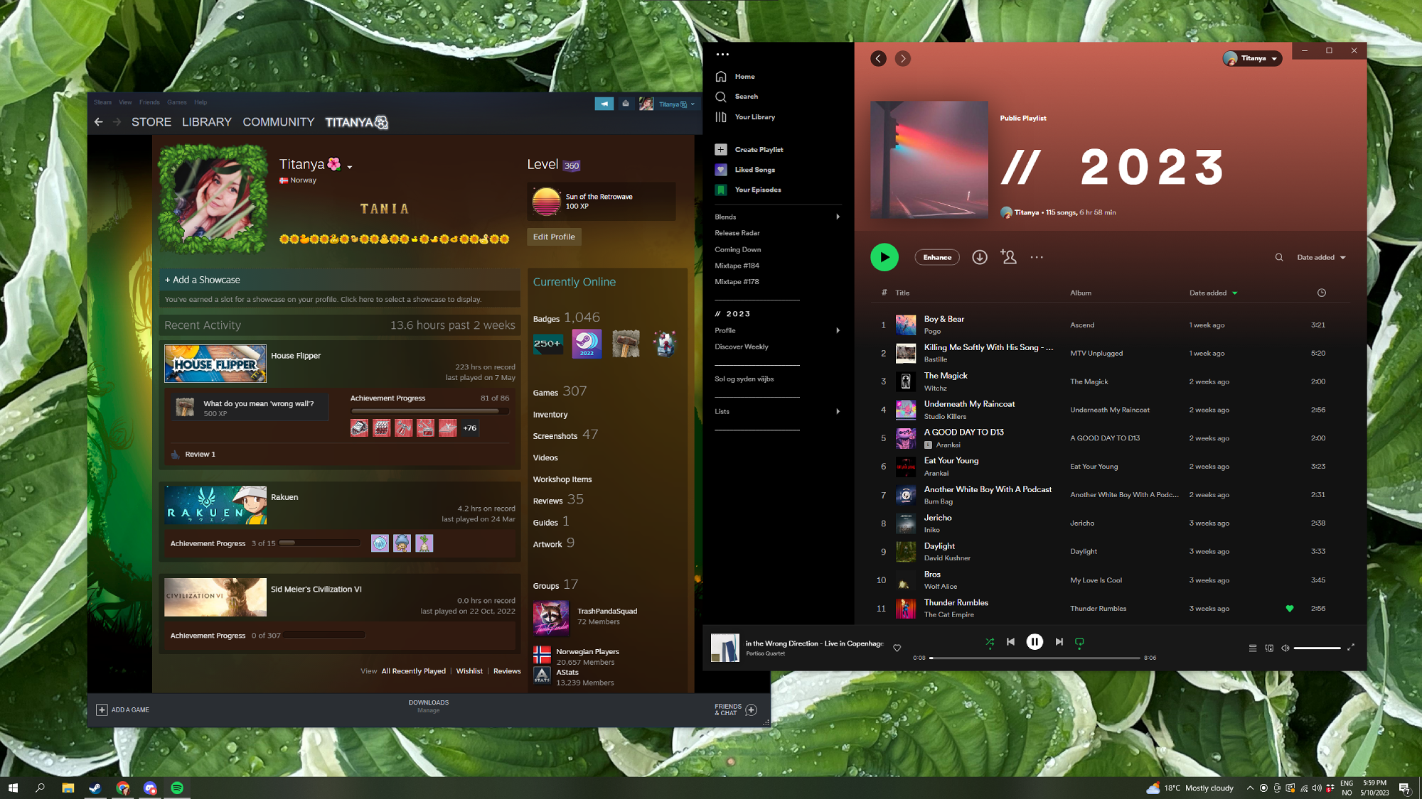 A screenshot of Spotify and Steam windows opened on a computer’s desktop