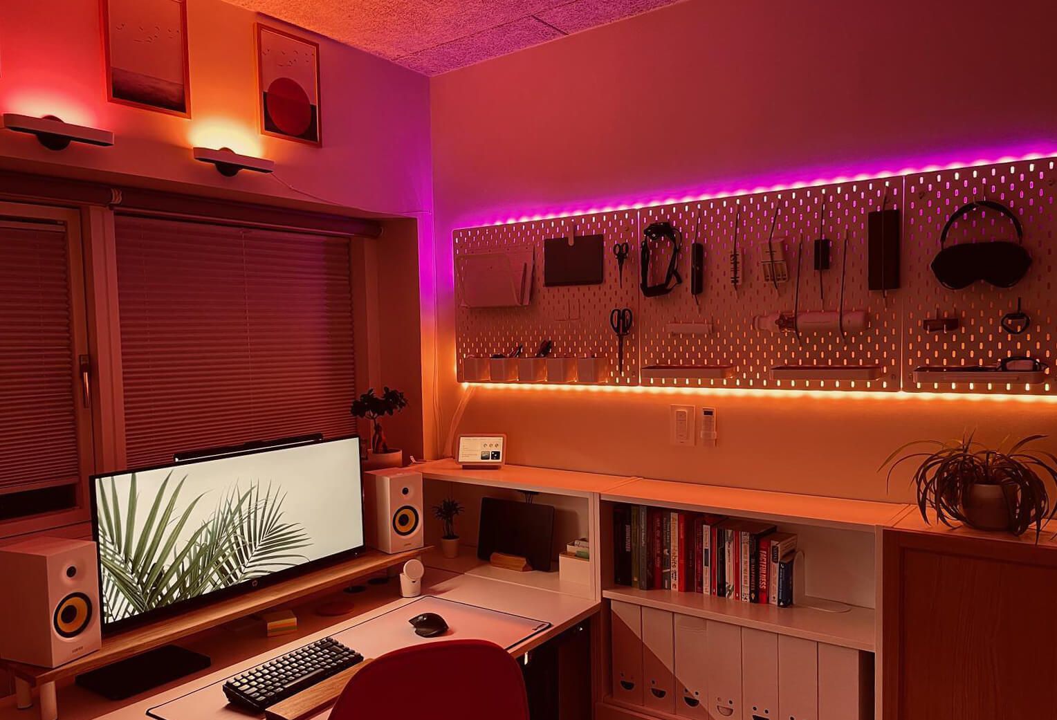 A Scandinavian home office lit with Philips Hue lights