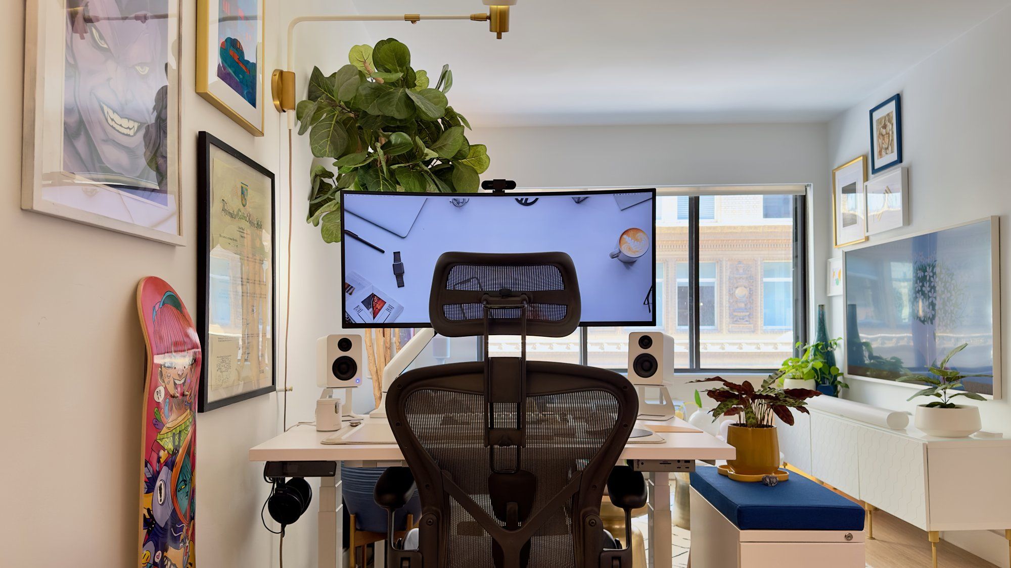 A small WFH desk setup with the Herman Miller Aeron ergonomic office chair